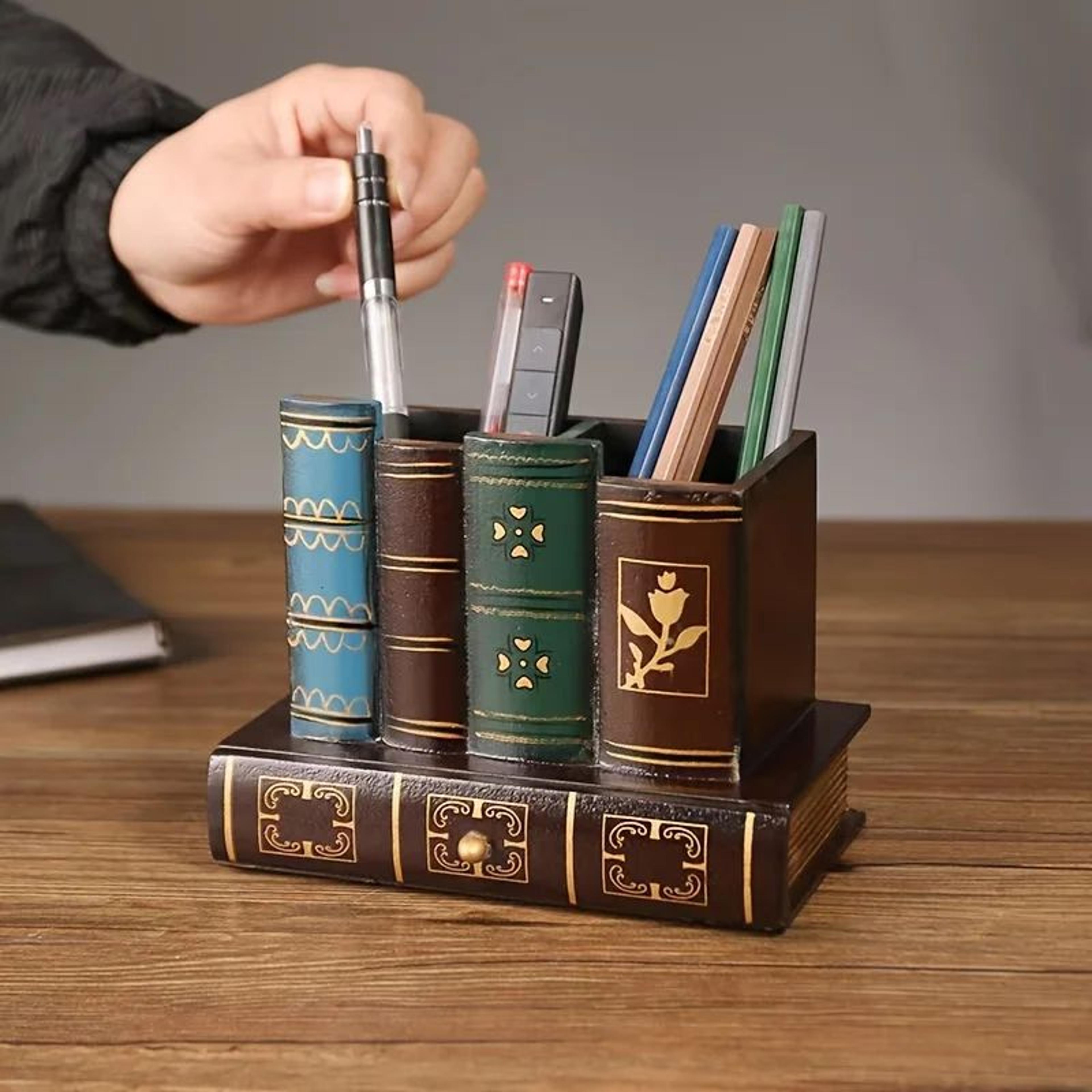 rustic european wooden desk organizer & pen holder box