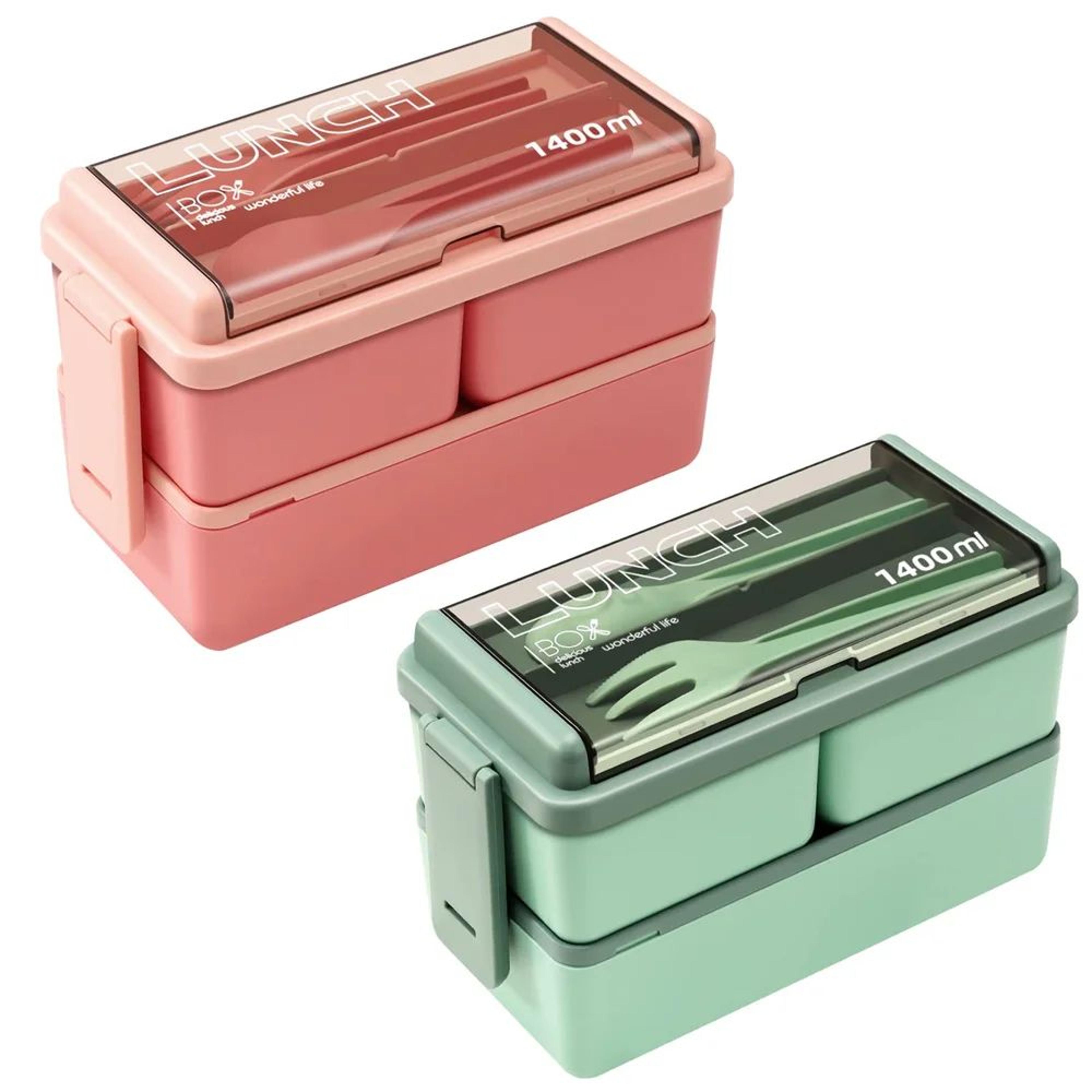 Premium DoubleLayer Portable Lunch Box Bento Set With Fork  Spoon  MicrowaveReady Kids  Family Food 0