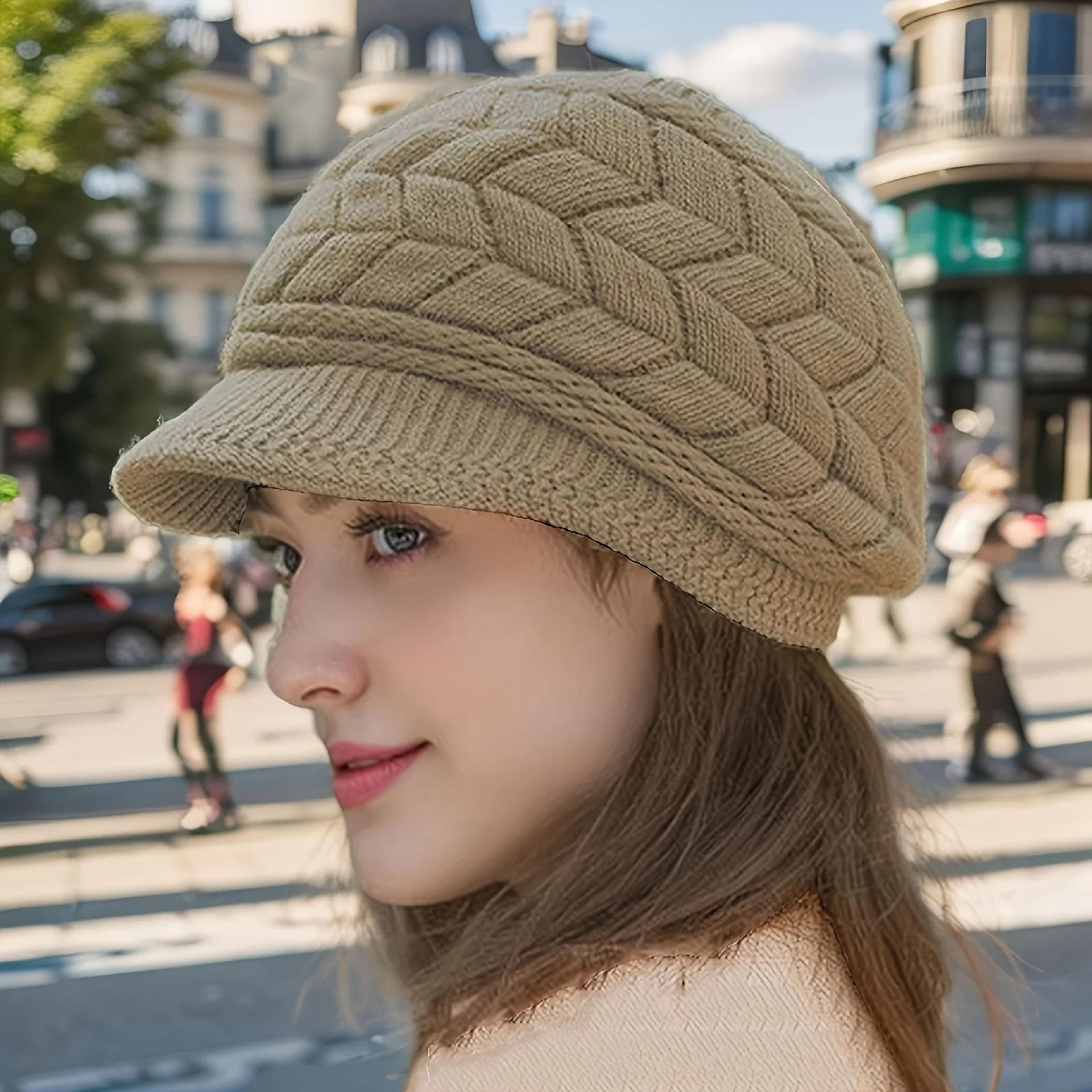 Retro Winter Knit Beanie With Brim For Women  Warm Ski Run  Outdoor Cap 3