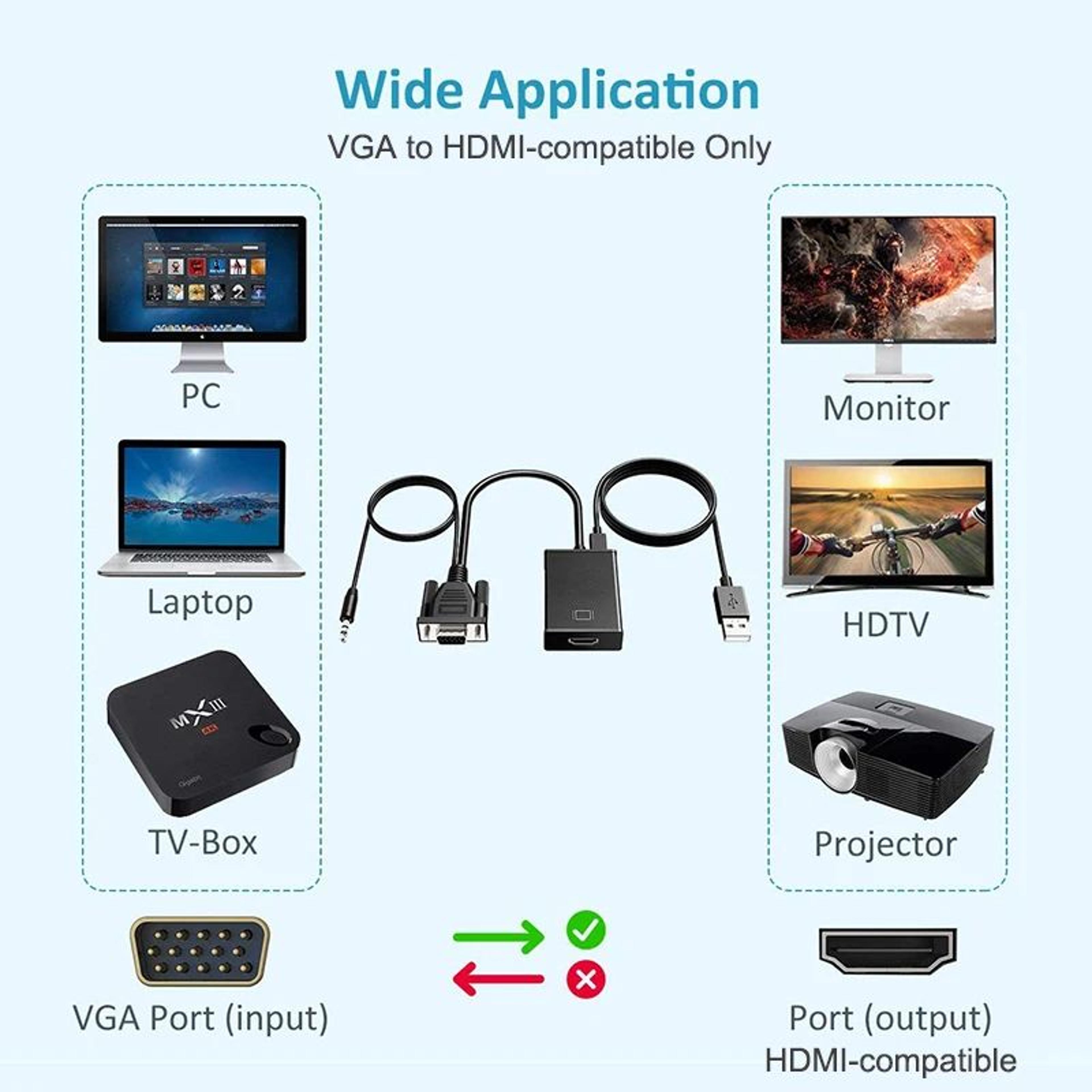 Universal VGA To HDMI Active Converter Cable With Audio  8Inch Adapter 1