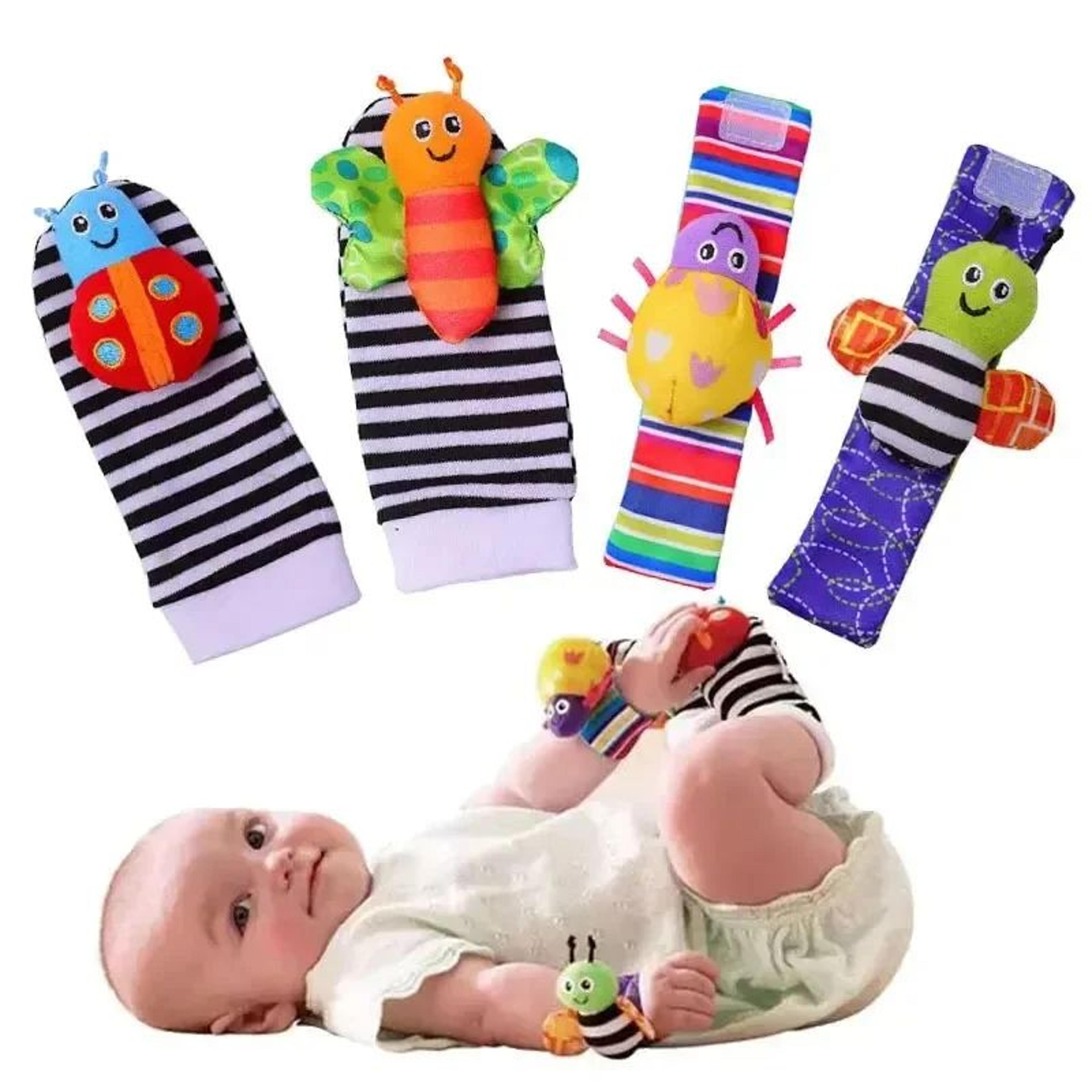 4-piece baby sensory rattle toys set – 2 wrist rattle toys + 2 foot rattle sock toys (0–12 months)