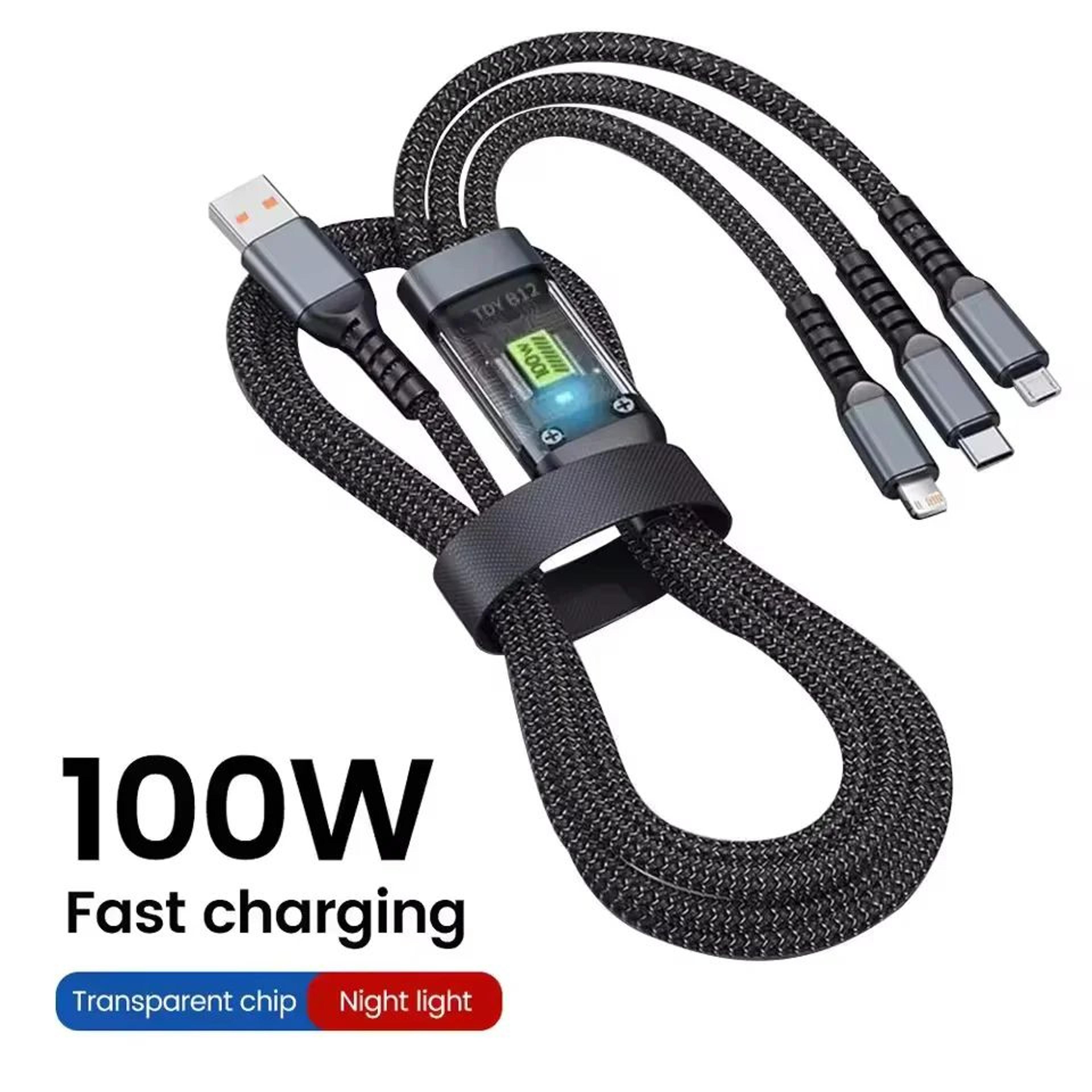 3in1 100W Fast Charging Cable With LED Indicator  USBC Micro USB  Lightning Universal Charger 4