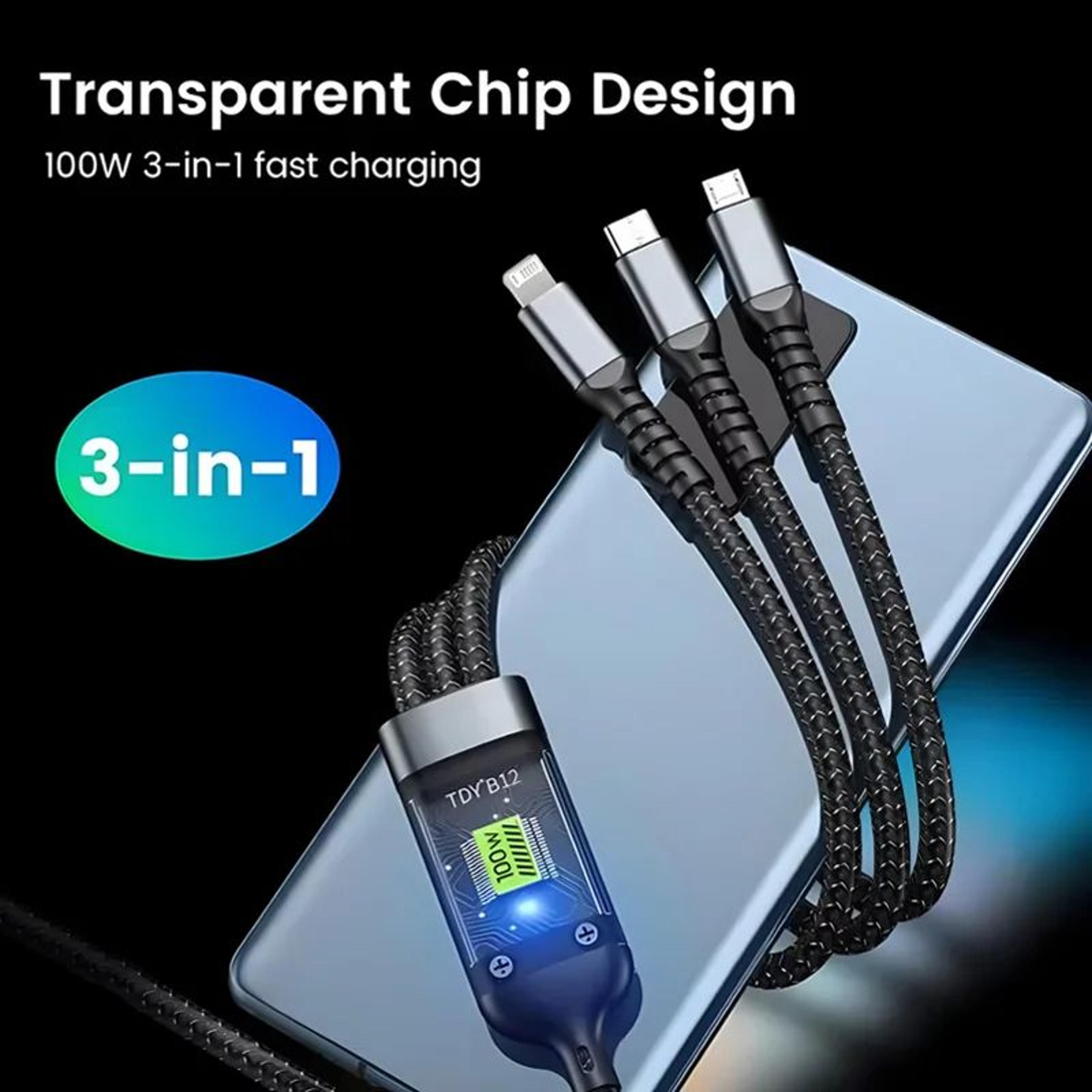 100W Transparent 3in1 Super Fast Charging Cable With LED Indicator  TypeC Micro USB  Lightning 5