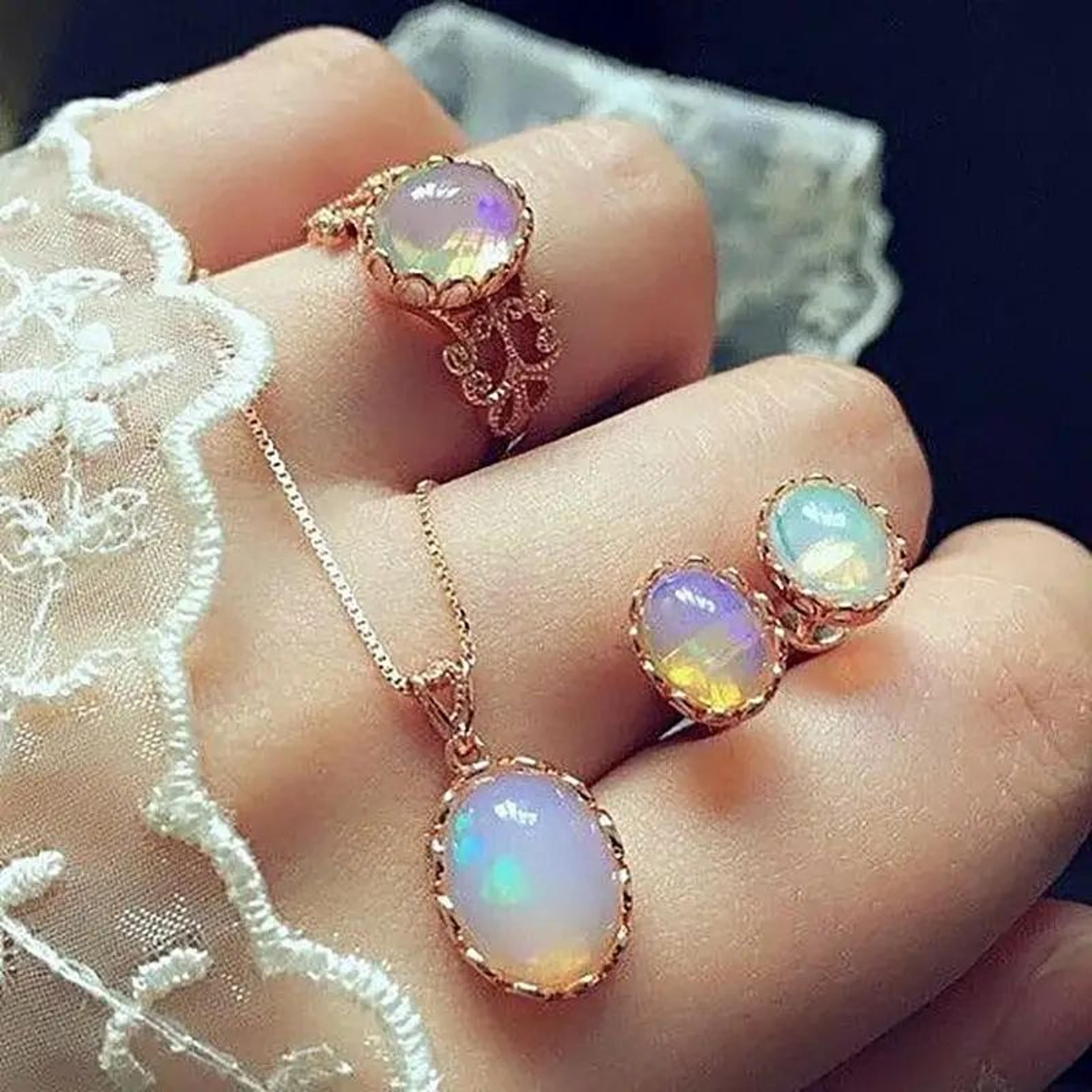 Natural Opal Jewelry Set 3Piece Matching Pendant Necklace Earrings  Ring  Elegant Gemstone Gift Set 0