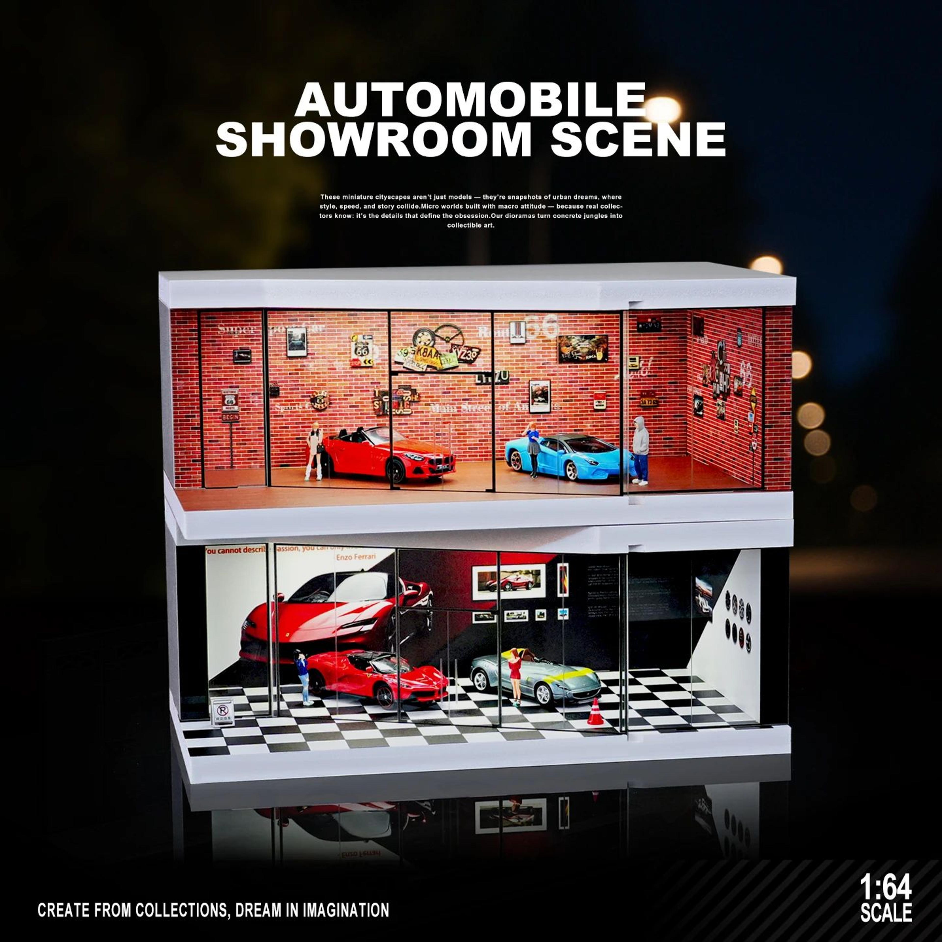 1/64 scale garage diorama display box with led lights - miniature parking lot & auto shop scene for diecast cars