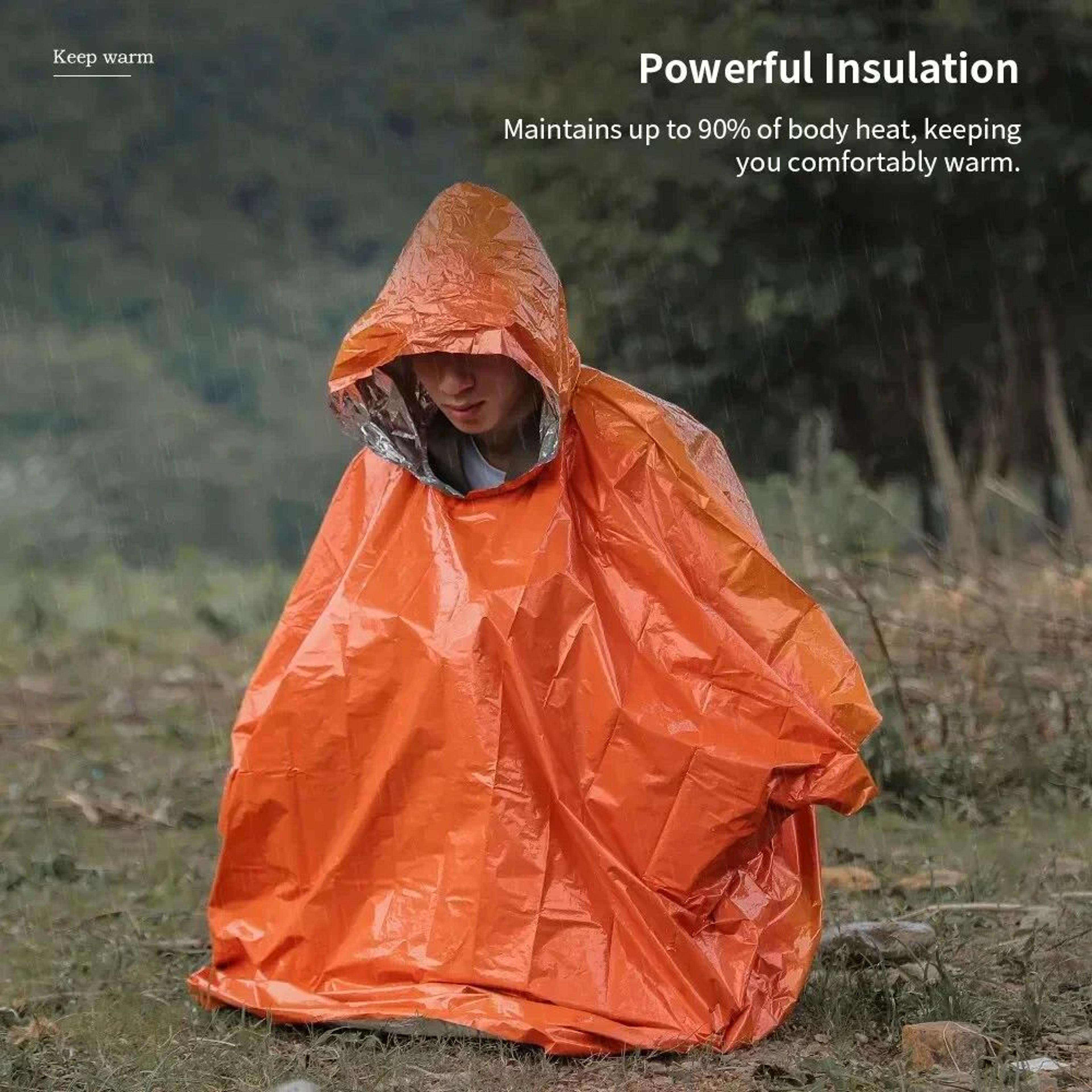 Emergency Thermal Rain Poncho Blanket  Waterproof Survival Rain Gear With Hood 2