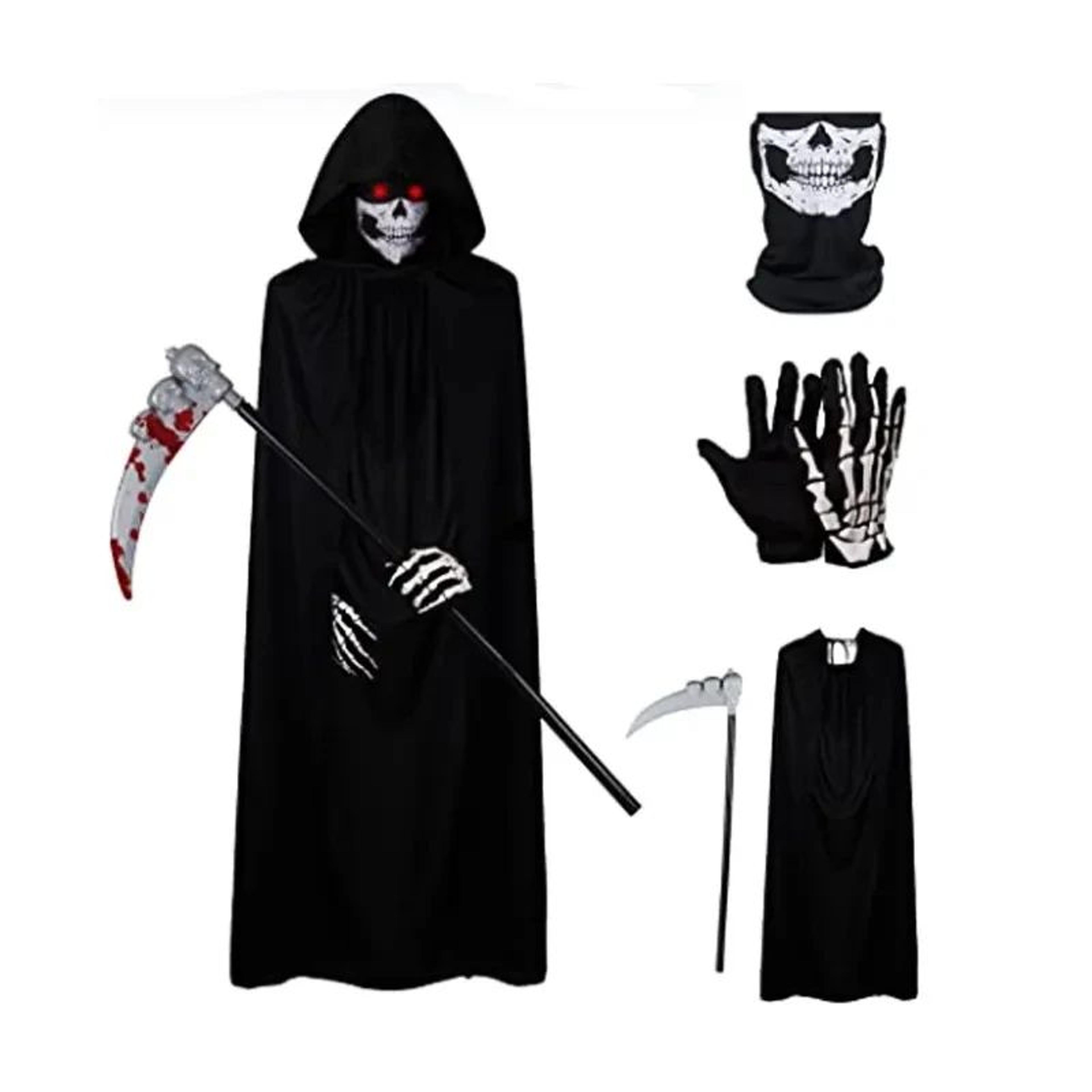 Grim Reaper Costume Set With Hooded Black Cloak  Skeleton Prop  Halloween Cosplay For Kids  Adults 0