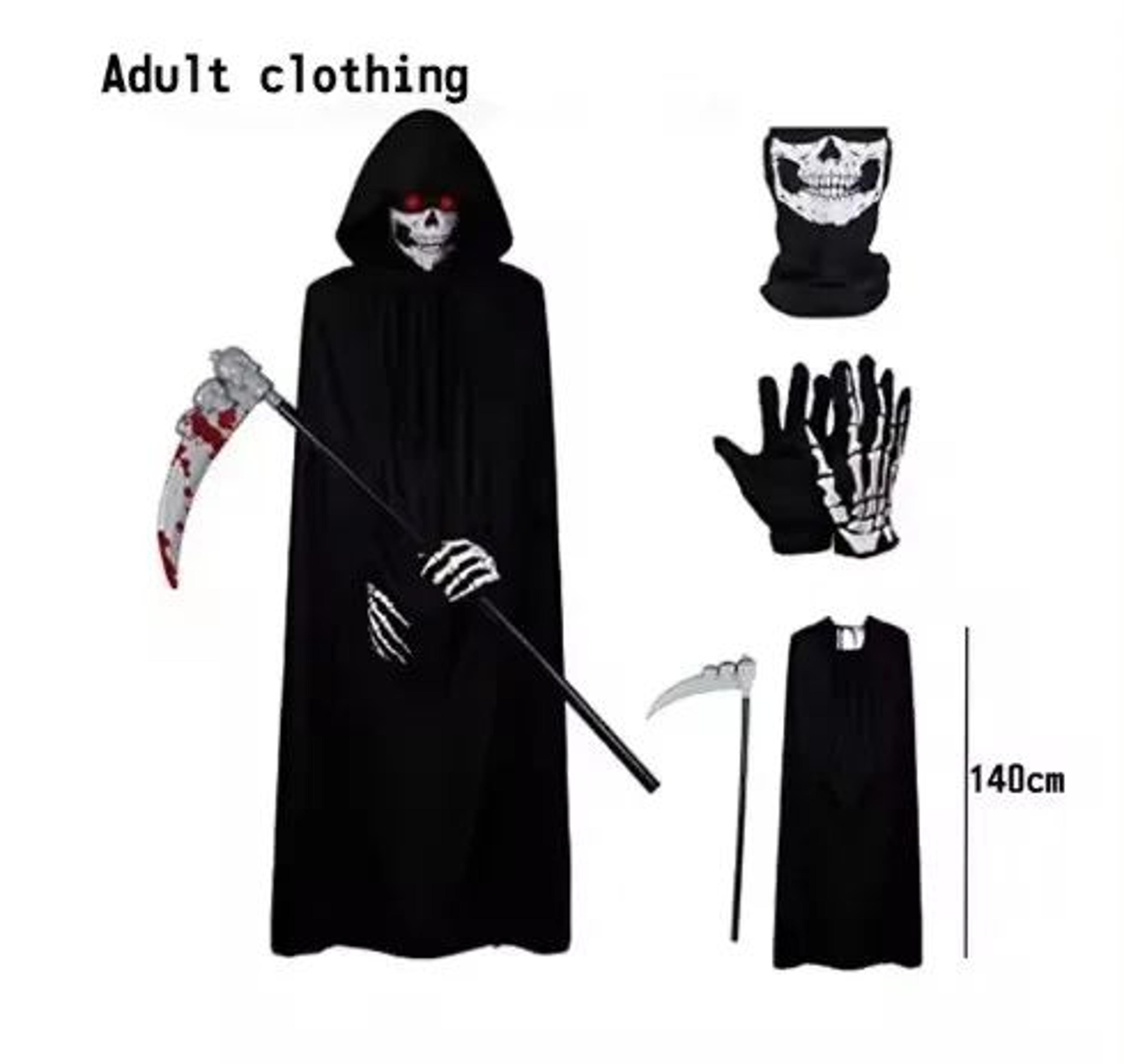 Grim Reaper Costume Set With Hooded Black Cloak  Skeleton Prop  Halloween Cosplay For Kids  Adults 10