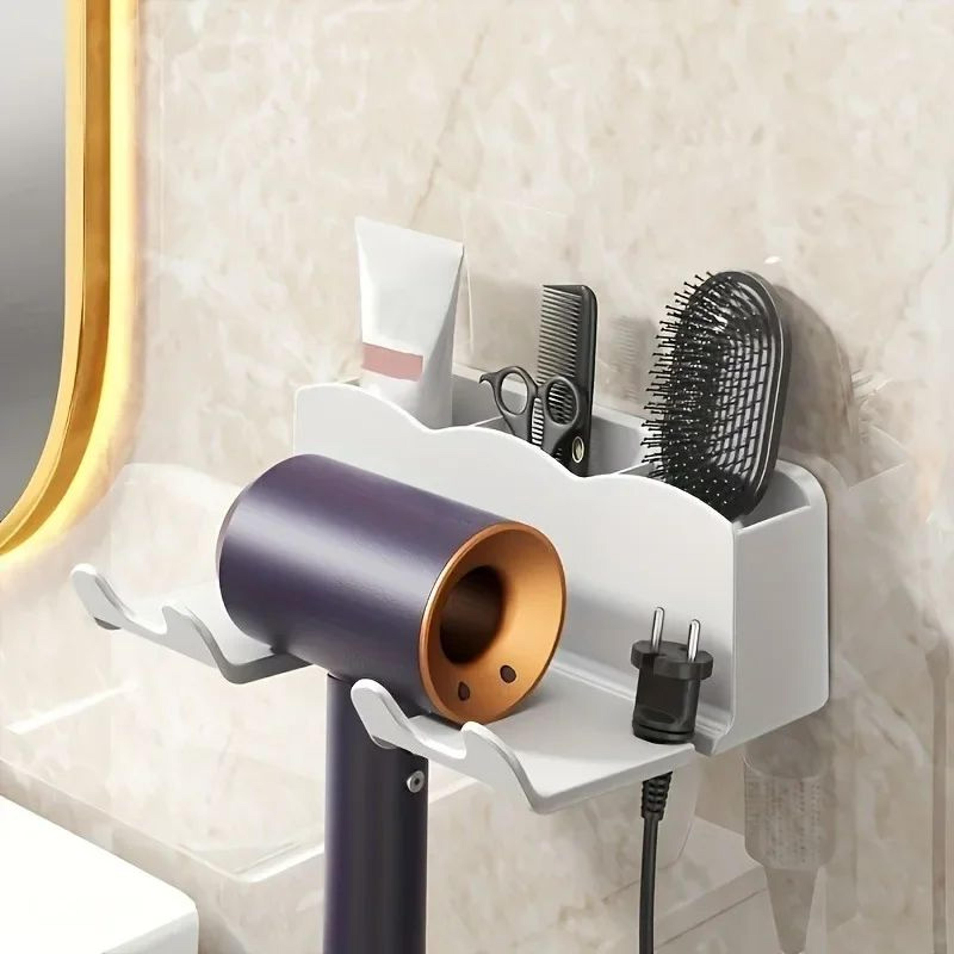 NoDrill Wall Mounted Hair Dryer Holder With Storage Rack  SpaceSaving Bathroom Organizer 1