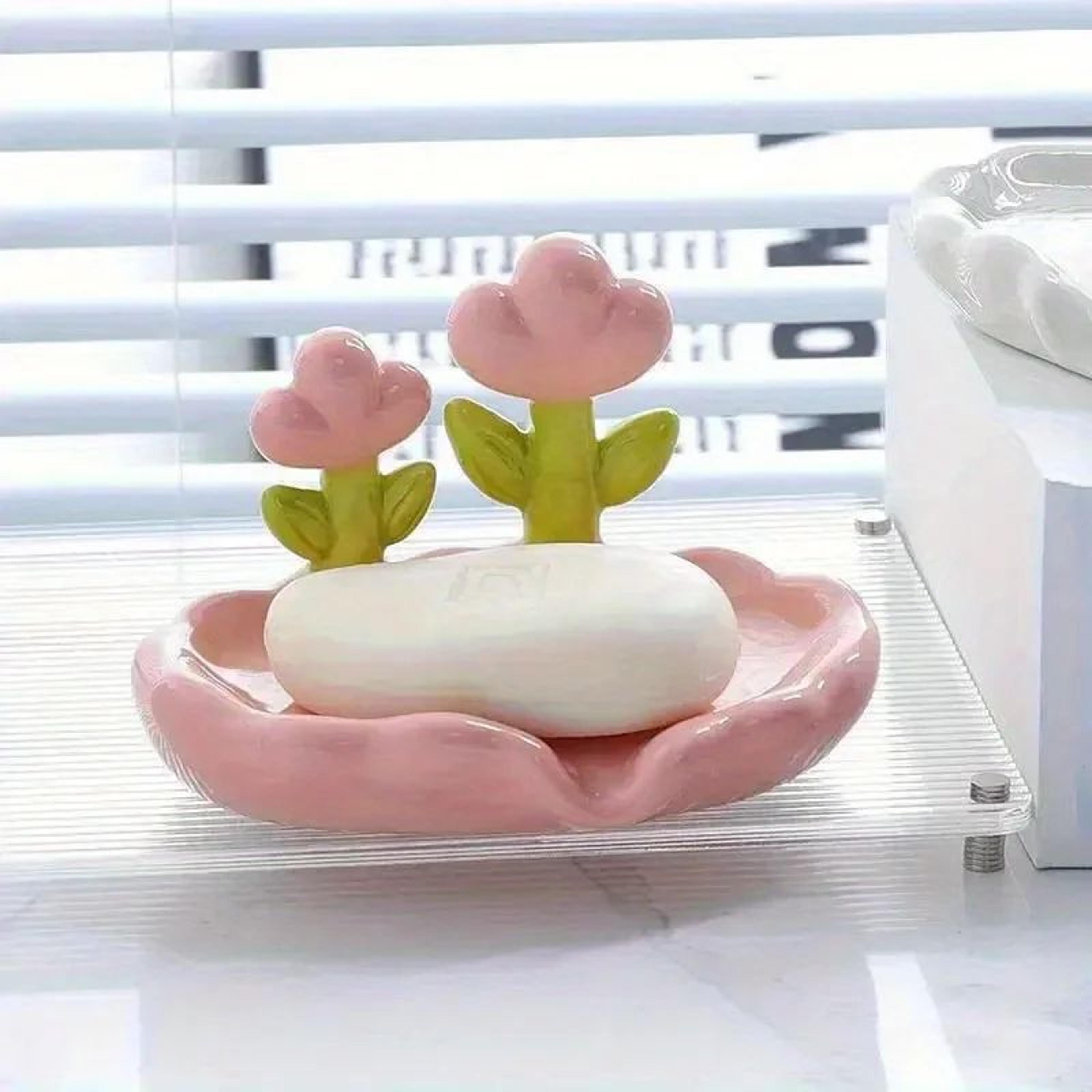 Floral SelfDraining Soap Dish  NoDrill Wall Mounted Soap Holder For Bathroom  Kitchen 4