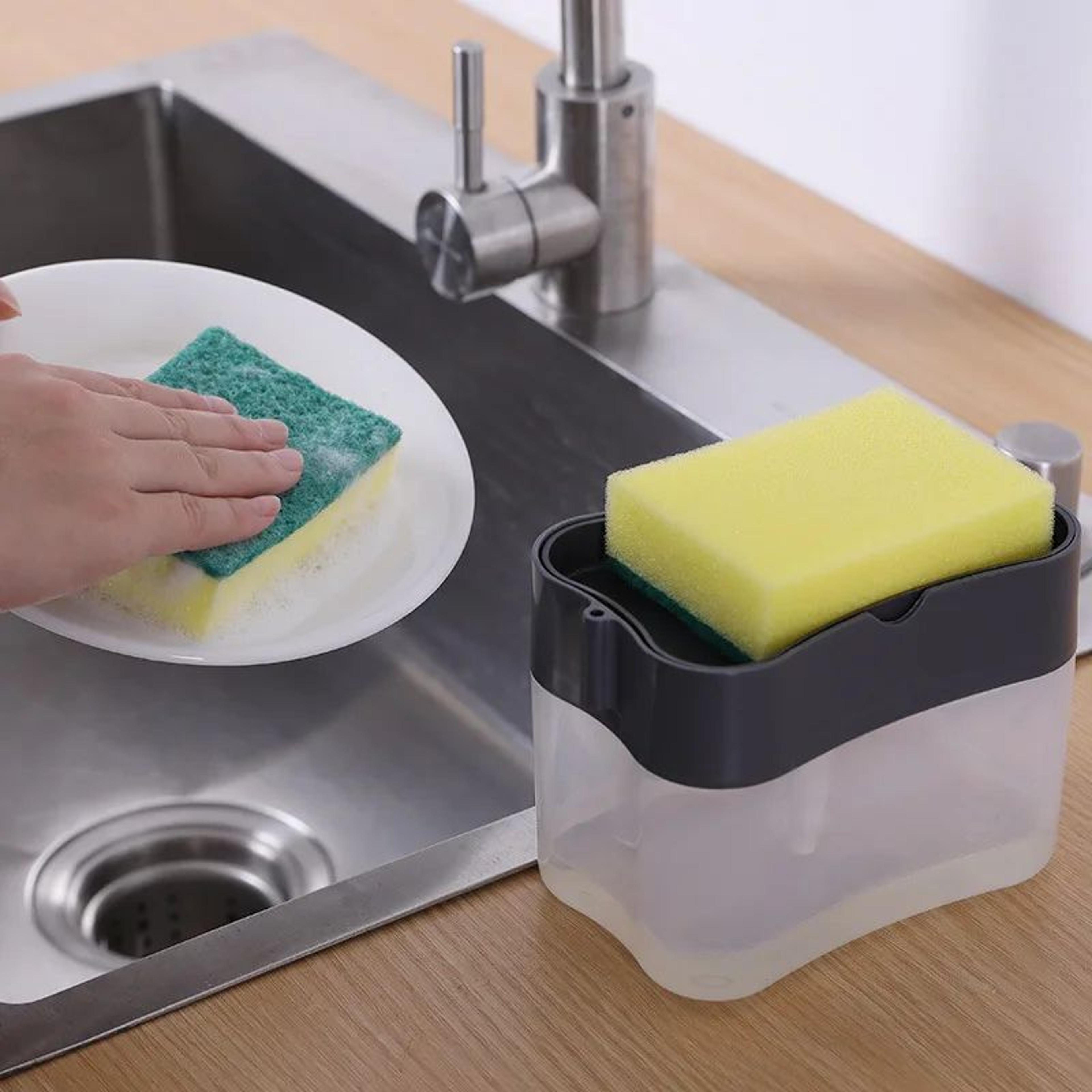Metallic Silver Kitchen Sink Soap Dispenser With Sponge Holder SpaceSaving Soap Pump Caddy 1