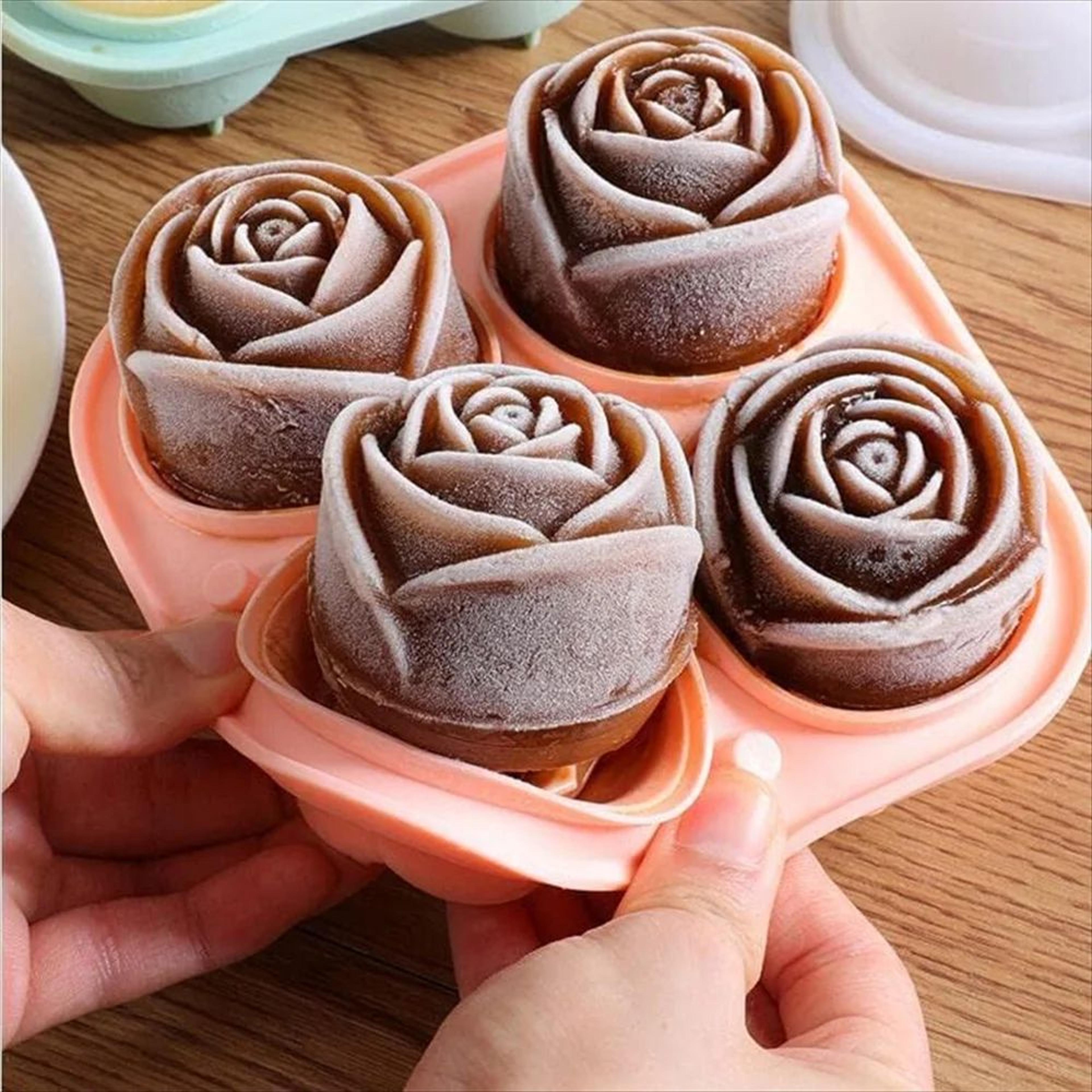 3D Rose Ice Cube Tray  4Cavity Silicone Ice Mold For Flower Shaped Ice Cubes Cocktails  Whiskey 3