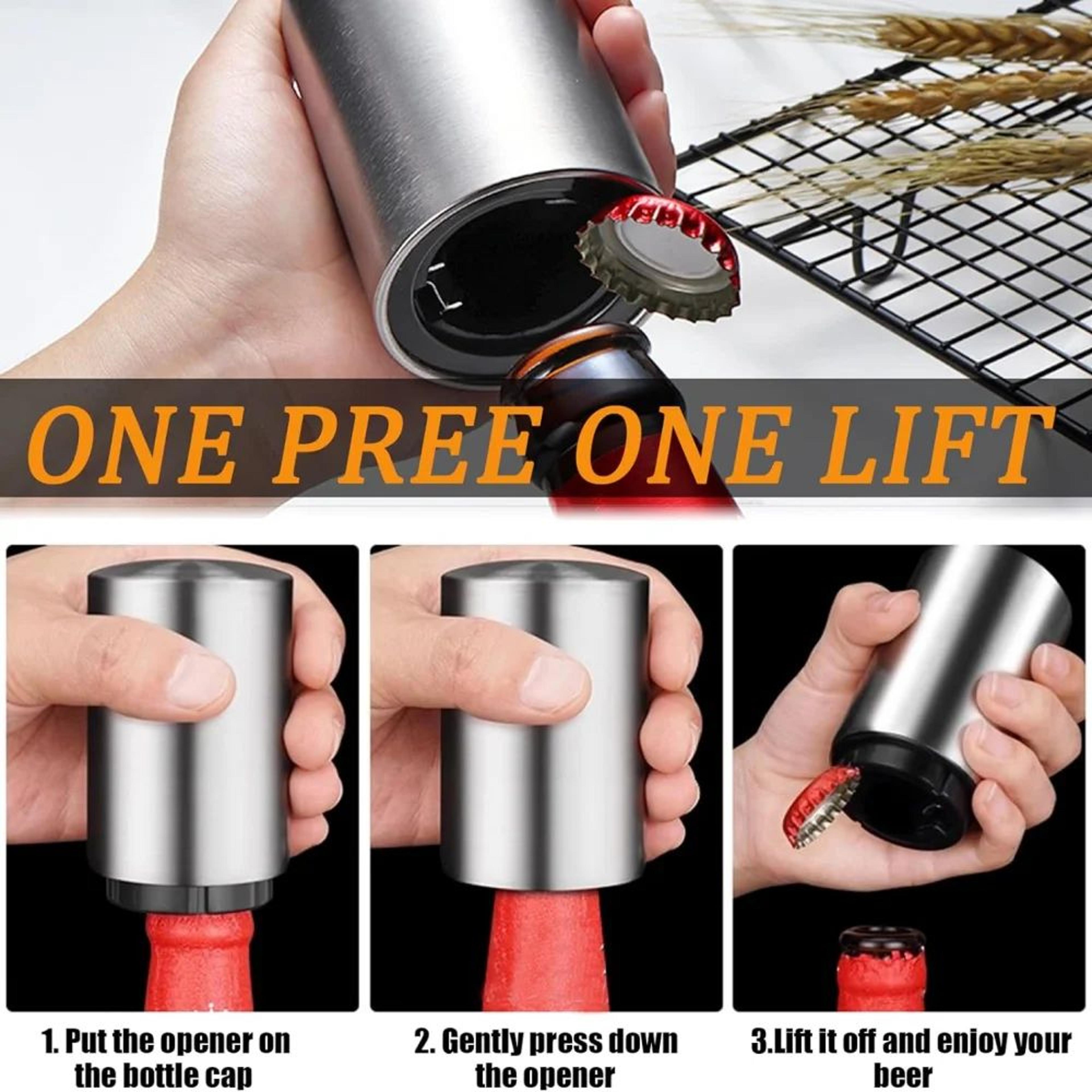 Magnetic PushDown Automatic Beer Bottle Opener  Stainless Steel Cap Catcher Tool 3
