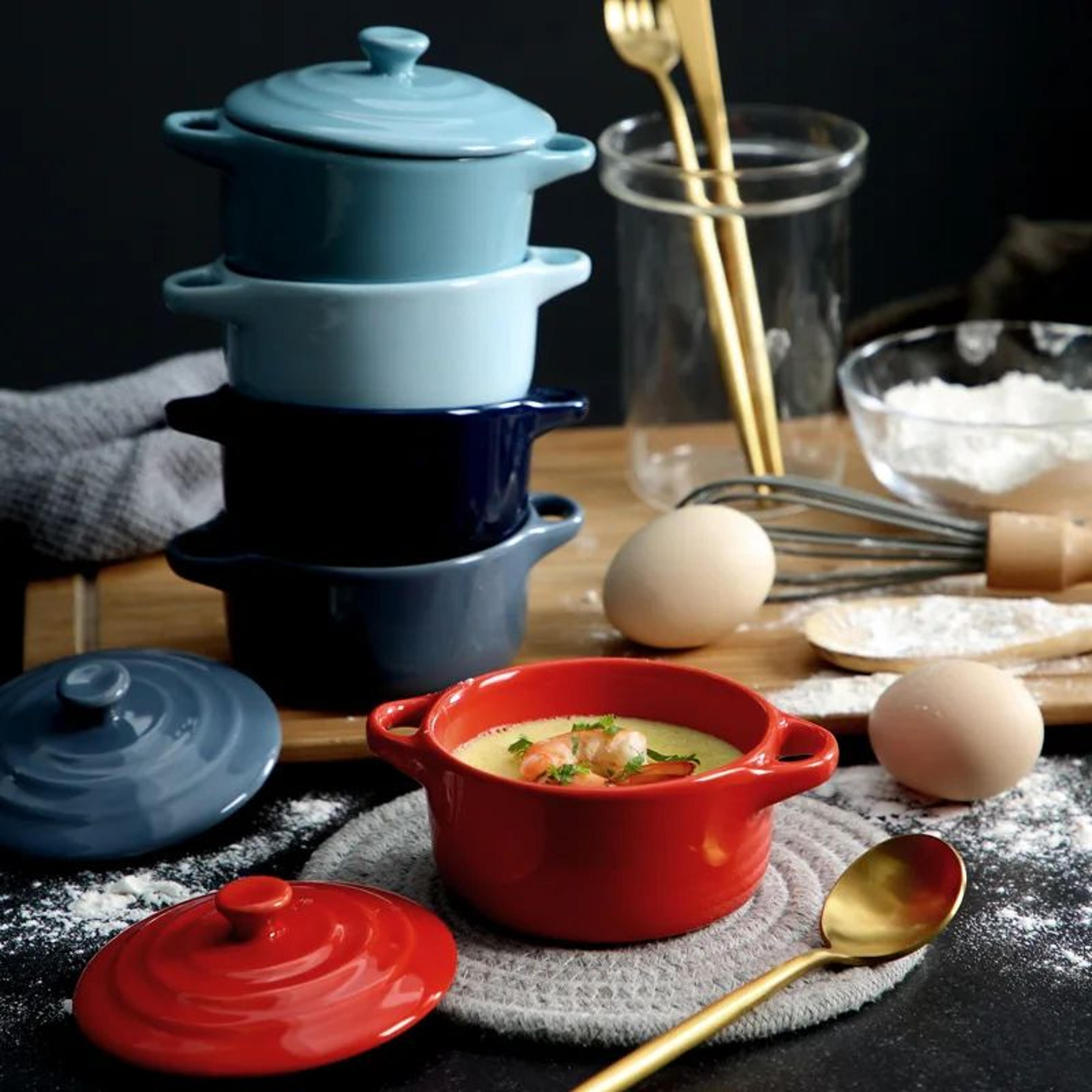 mini ceramic baking bowl with lid & double handles - microwave-safe steamed egg & soup bowl