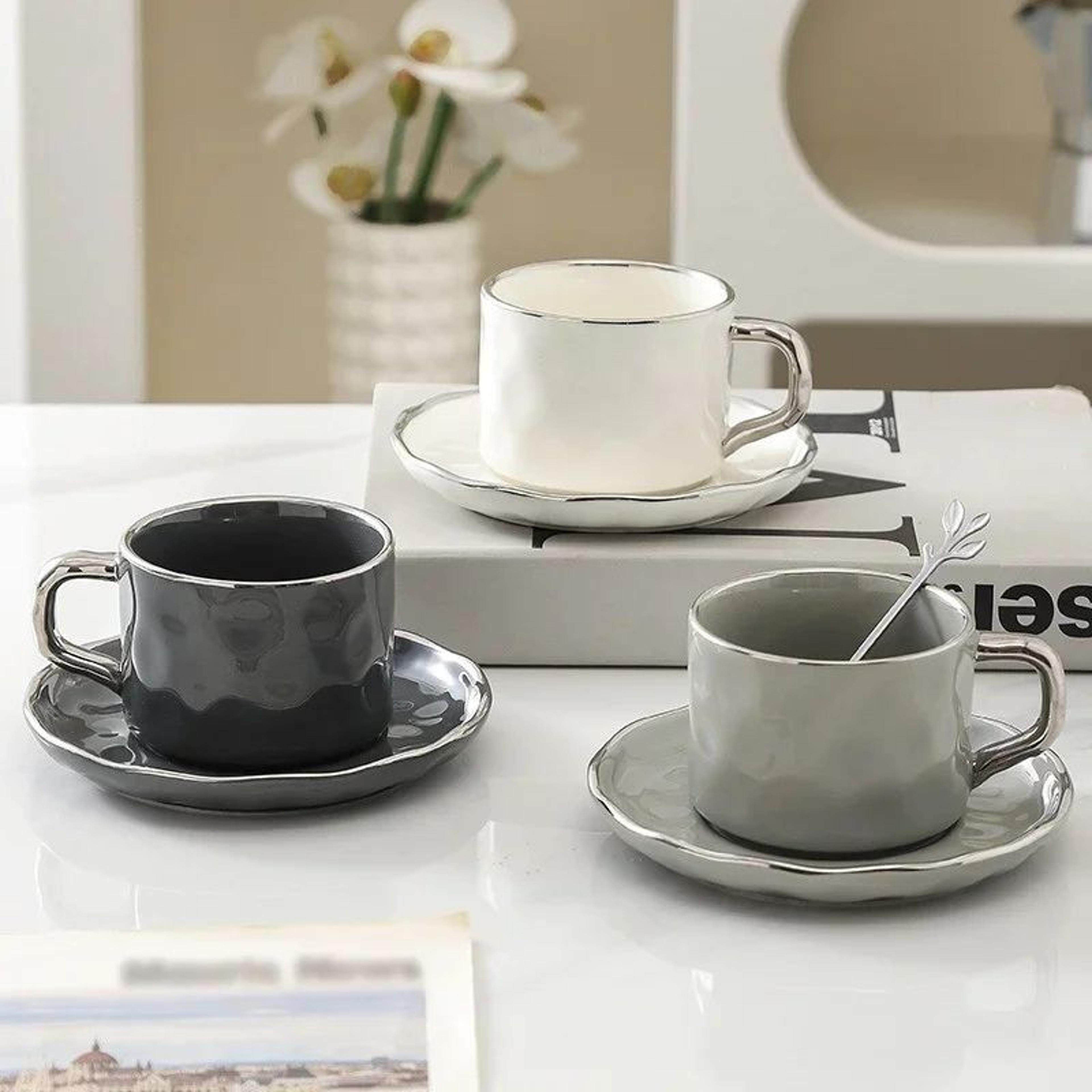 european style ceramic coffee cup & saucer set (230ml) with spoon – elegant solid color tea & milk mug