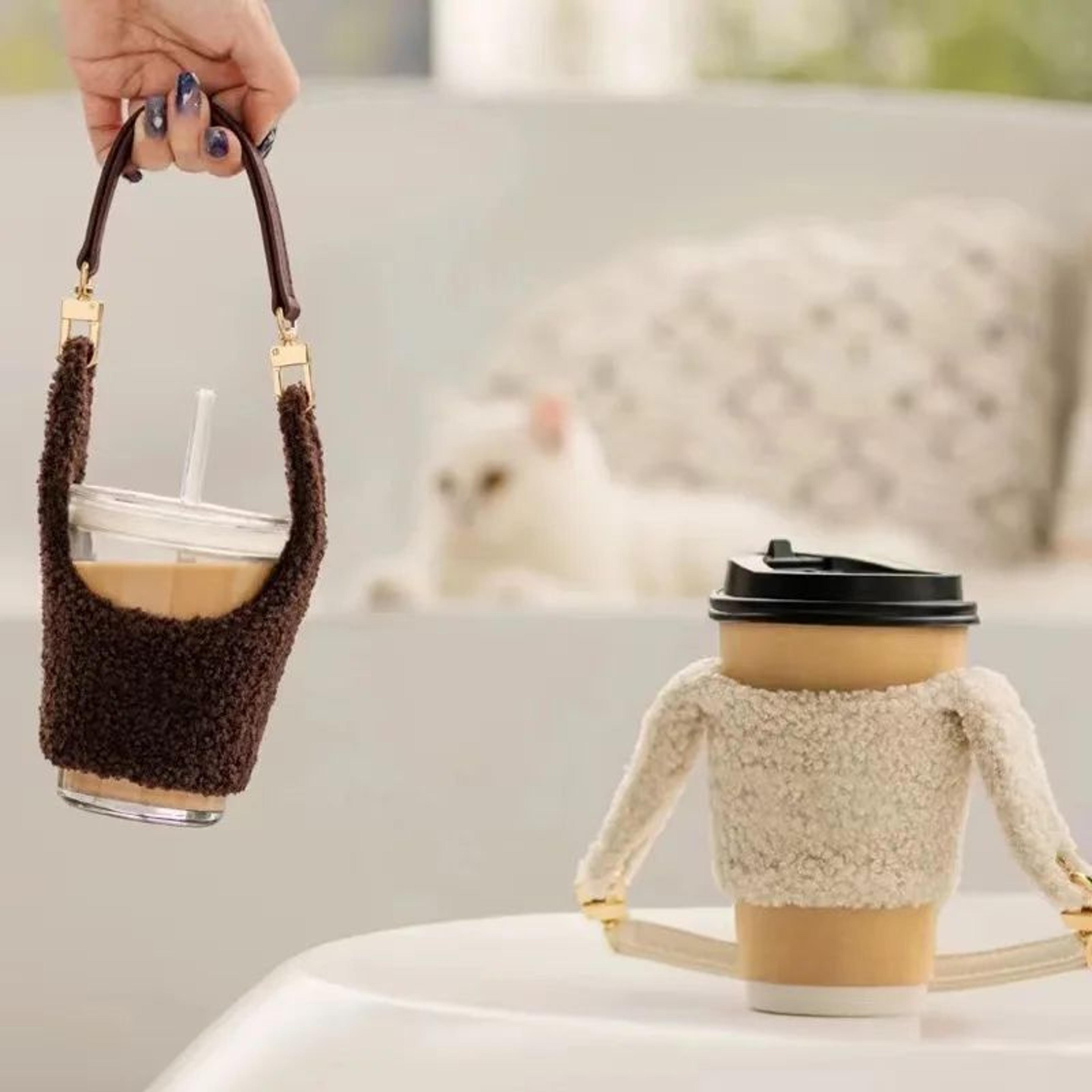 Lamb Plush Cup Sleeve With Removable Pouch Insulated Cup Holder For Coffee Cups  Water Bottles 0