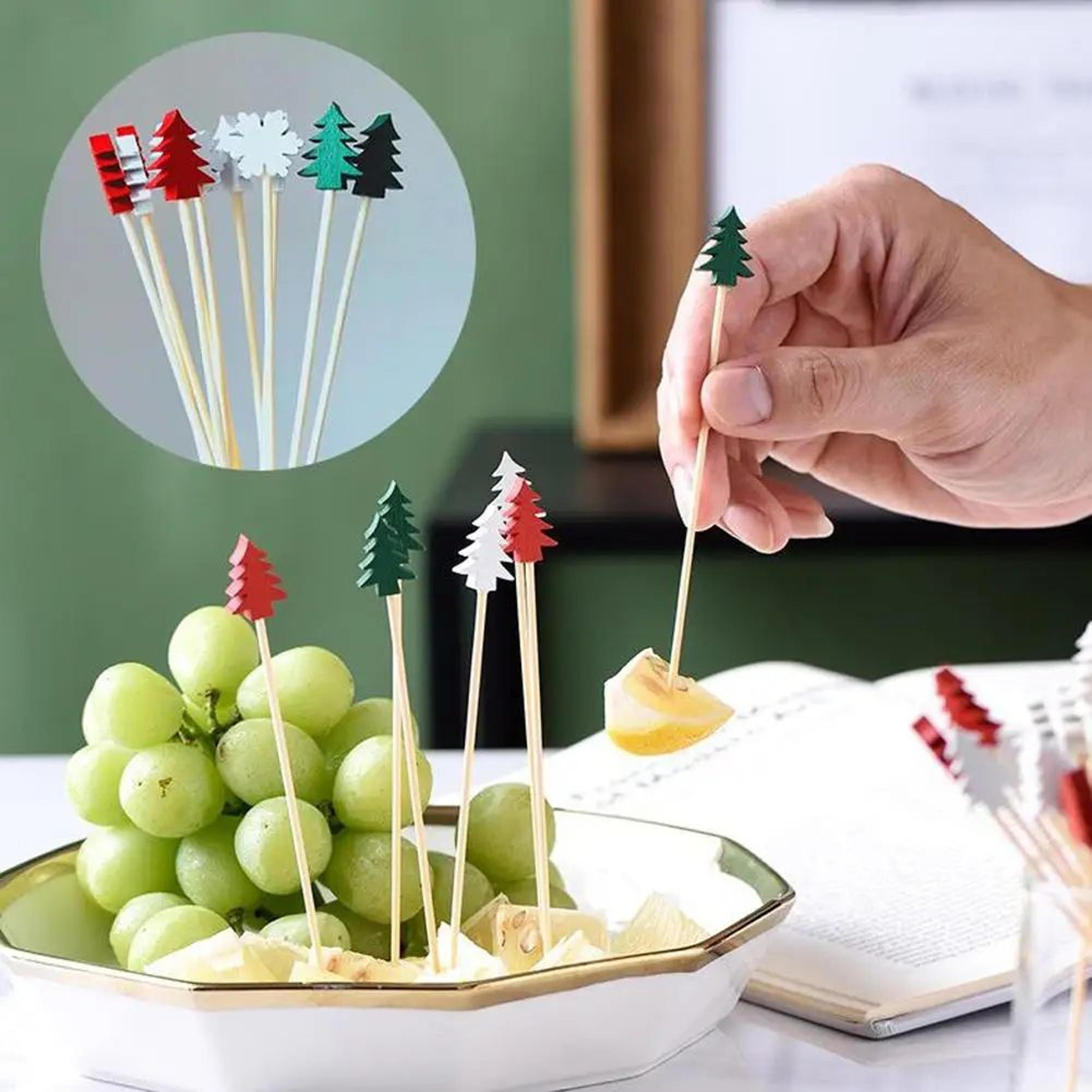 50Piece Christmas Fruit Picks Bamboo Party Fork Set With Santa Snowflake Tree  Reindeer Designs 0