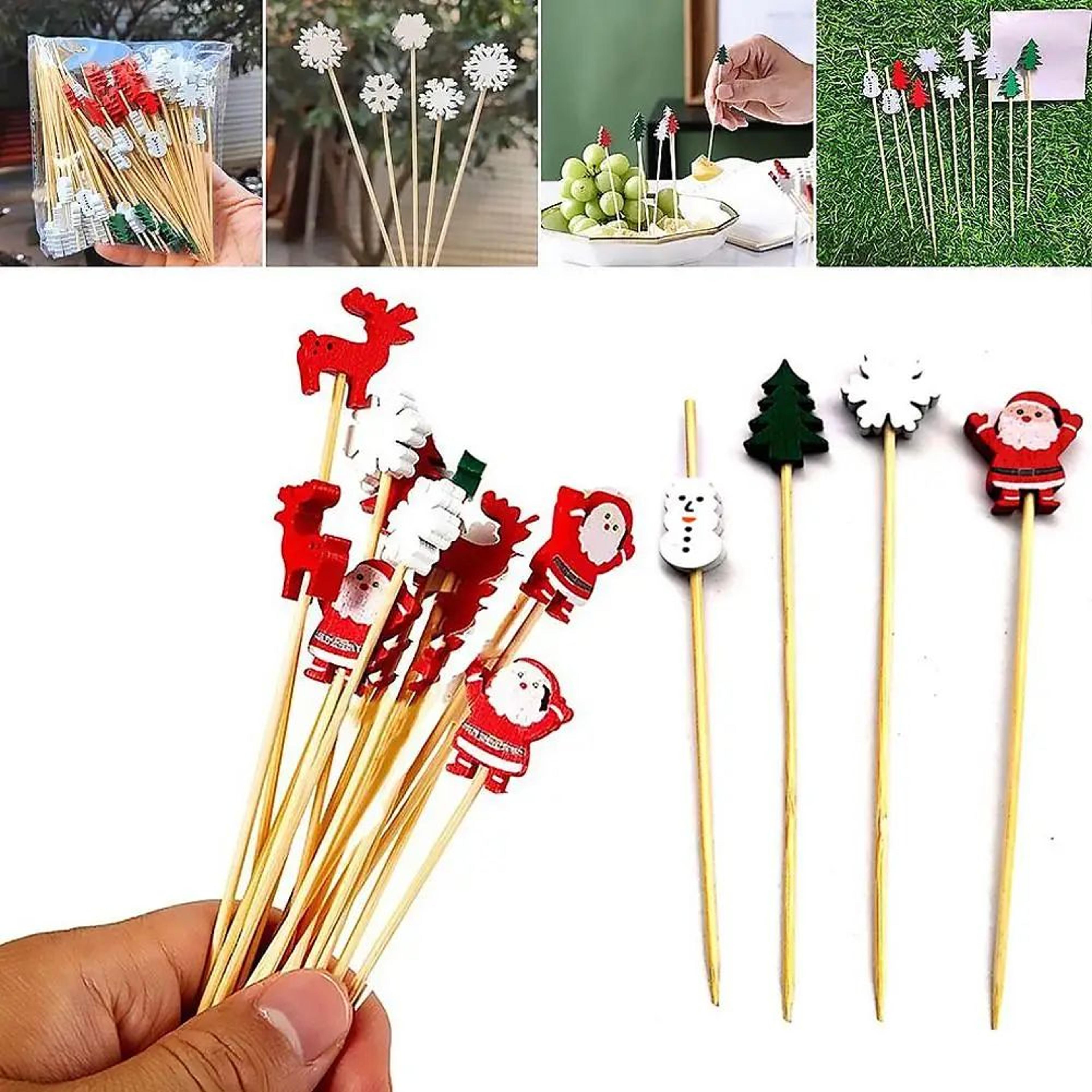 50Piece Christmas Fruit Picks Bamboo Party Fork Set With Santa Snowflake Tree  Reindeer Designs 2