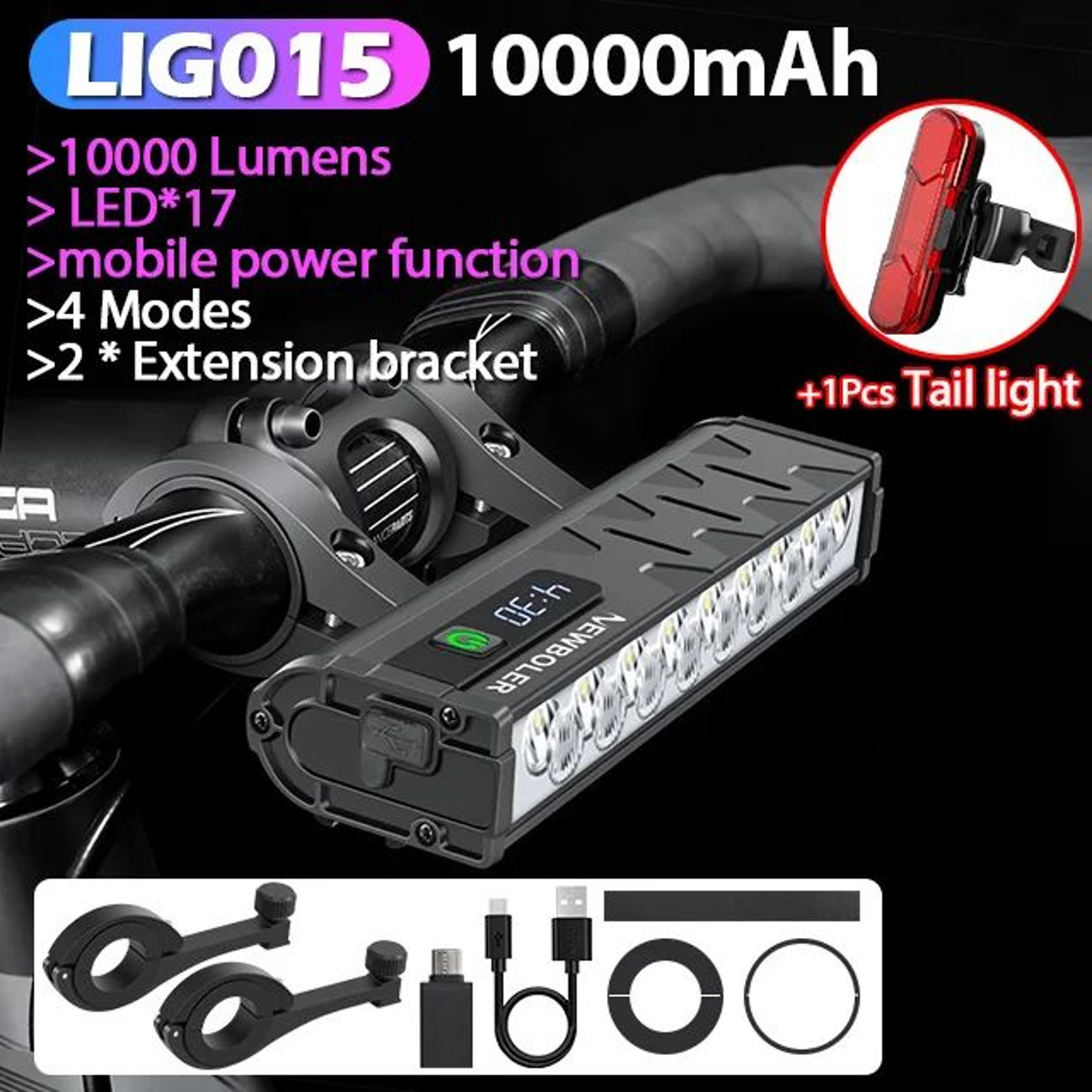 NEWBOLER 10000 Lumen Bike Light 10000mAh USB Rechargeable Waterproof Headlight 11