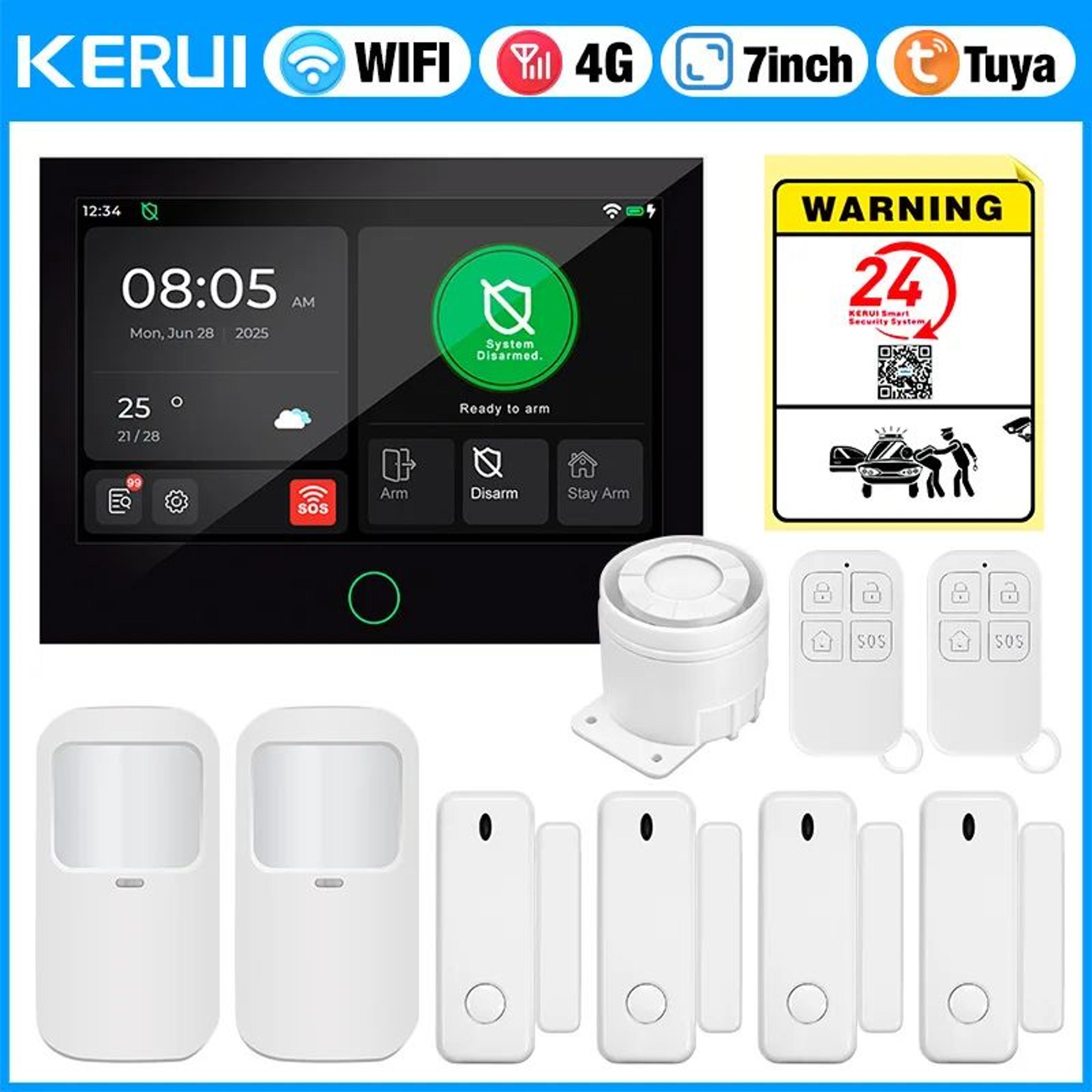 KERUI 7Inch Touchscreen 4G WiFi Alarm System With Tuya Smart Control For Home  Apartment Security 7