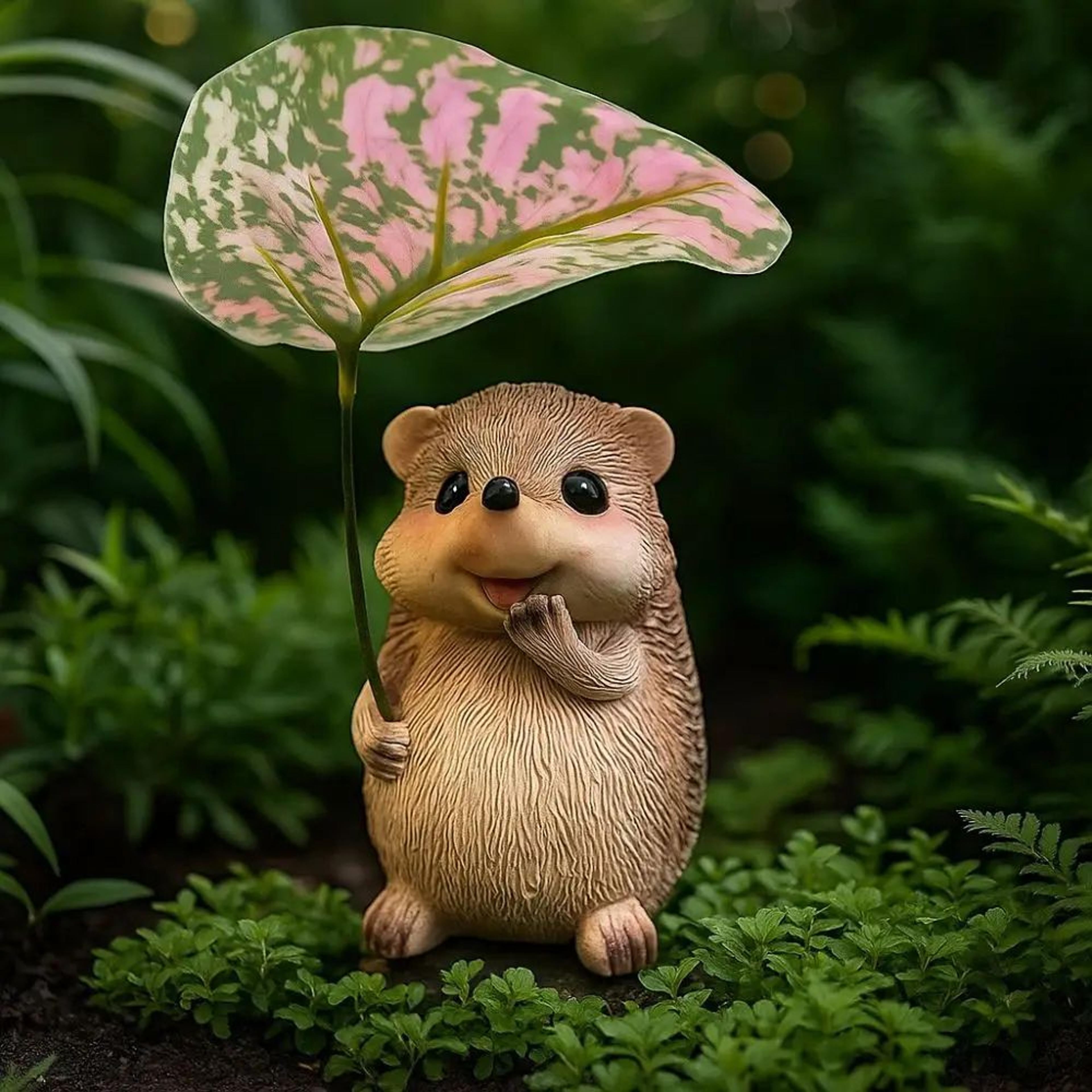 Cute Resin Leaf Umbrella Hedgehog Garden Statue  Whimsical Outdoor Animal Decor Figurine 3