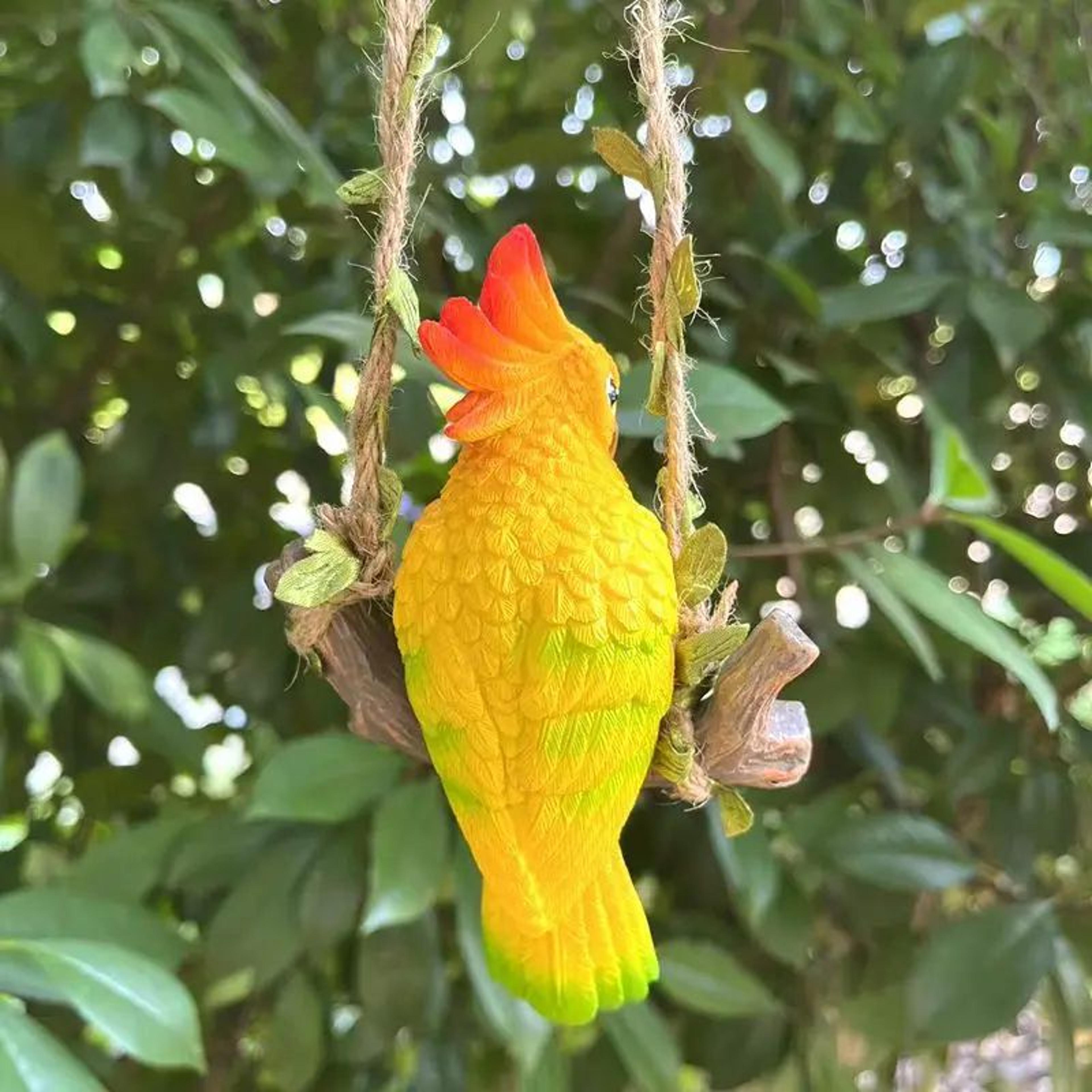 Tropical Parrot Garden Hanging Statue  Resin Outdoor Animal Decor With Wooden Swing 1