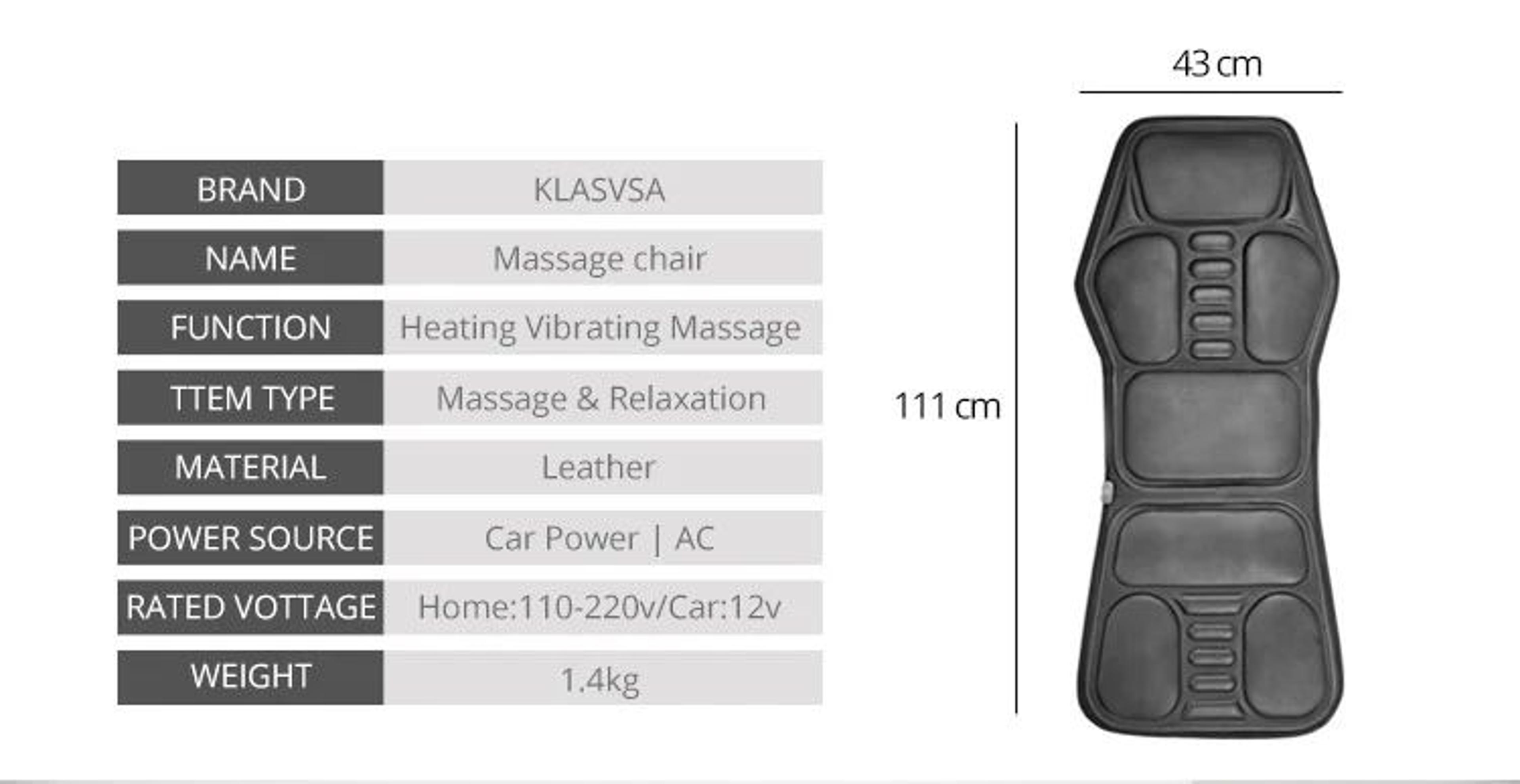 KLASVSA DualMode Electric Back Massager  Heated Massage Cushion With Vibration  Full Back Neck  Lum 8