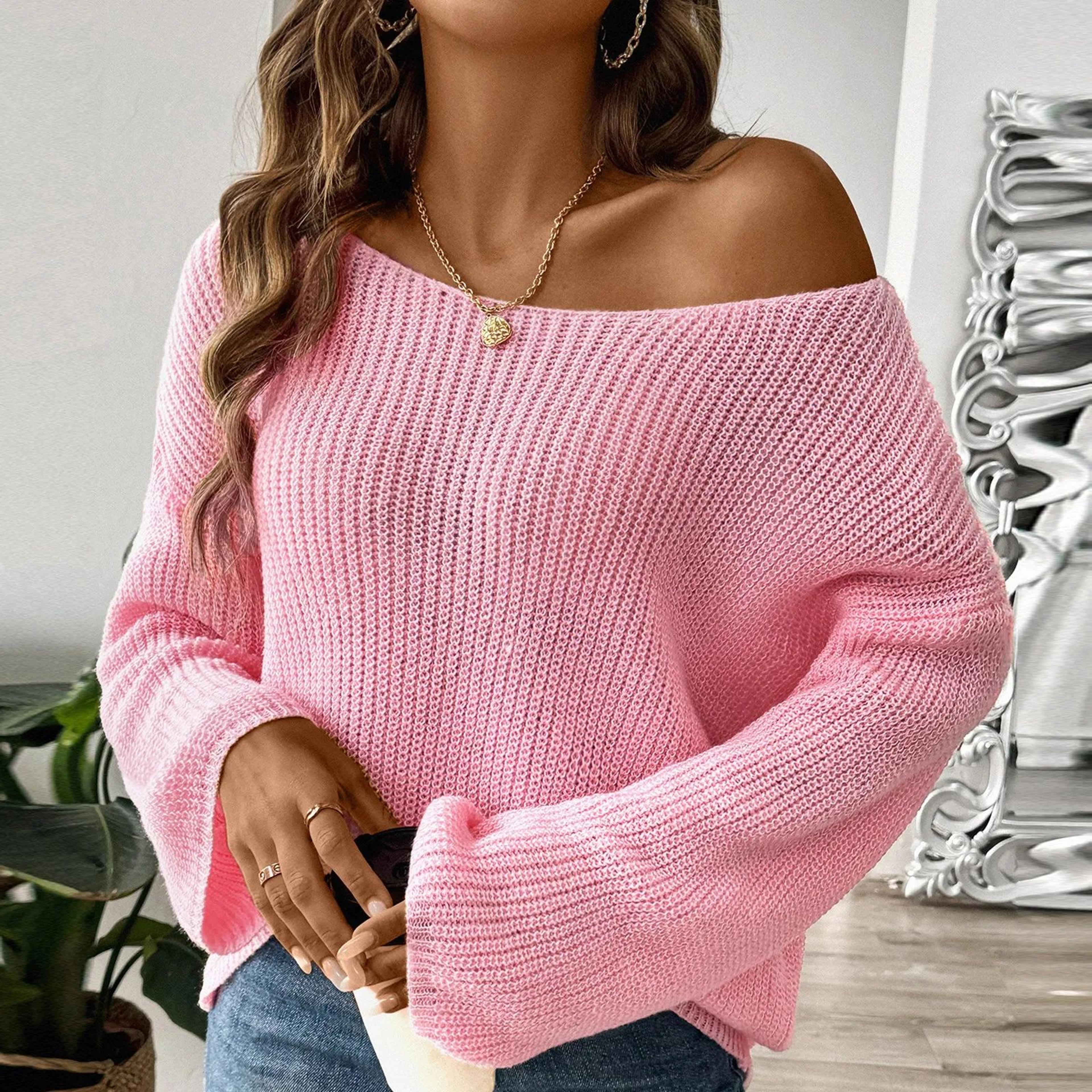 Chic Womens Off Shoulder Sweater With Flare Sleeves  Loose Knit Pullover Top 4