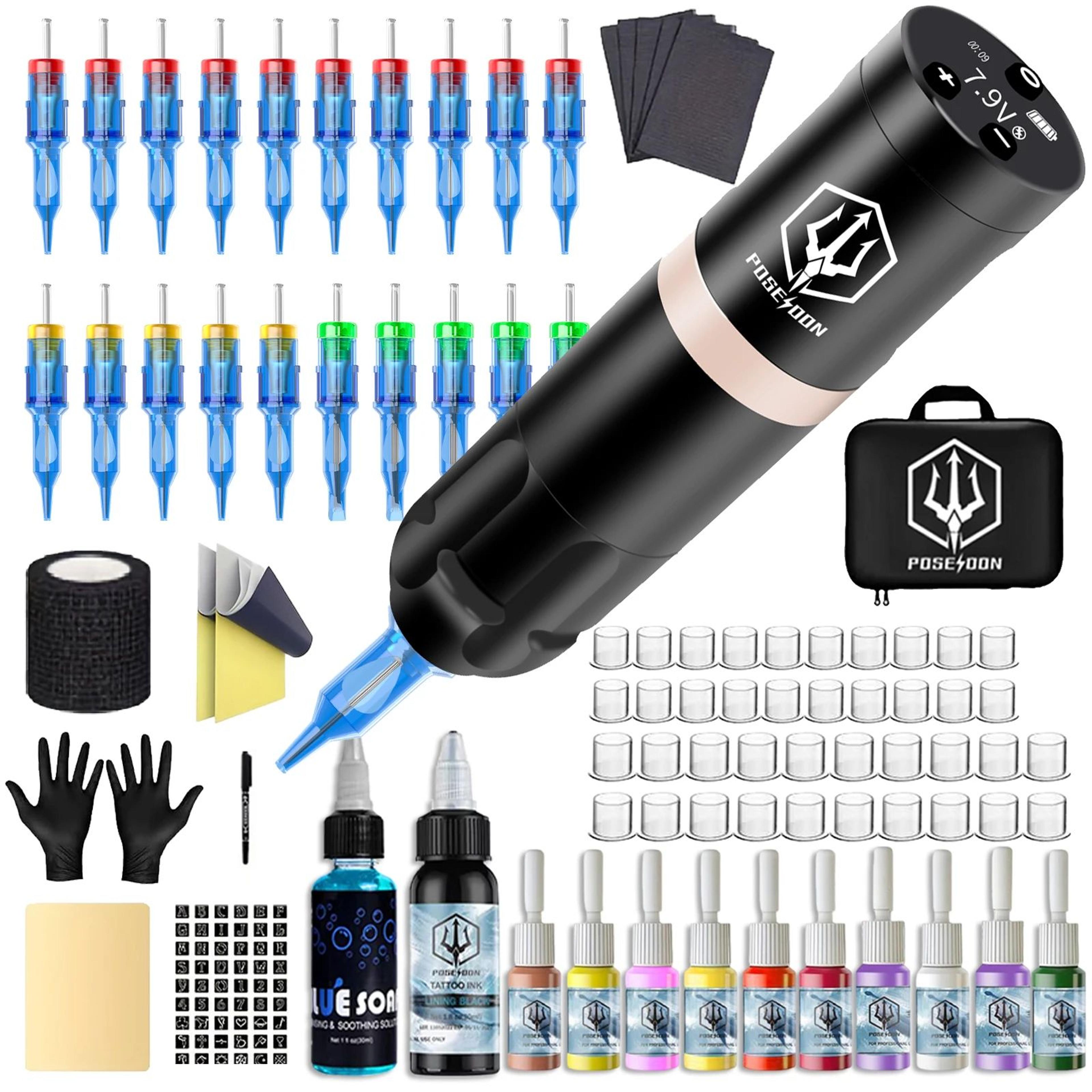 POSEIDON New Memory Wireless Tattoo Pen Tattoo Machine Kit With Cordless Power Supply 11