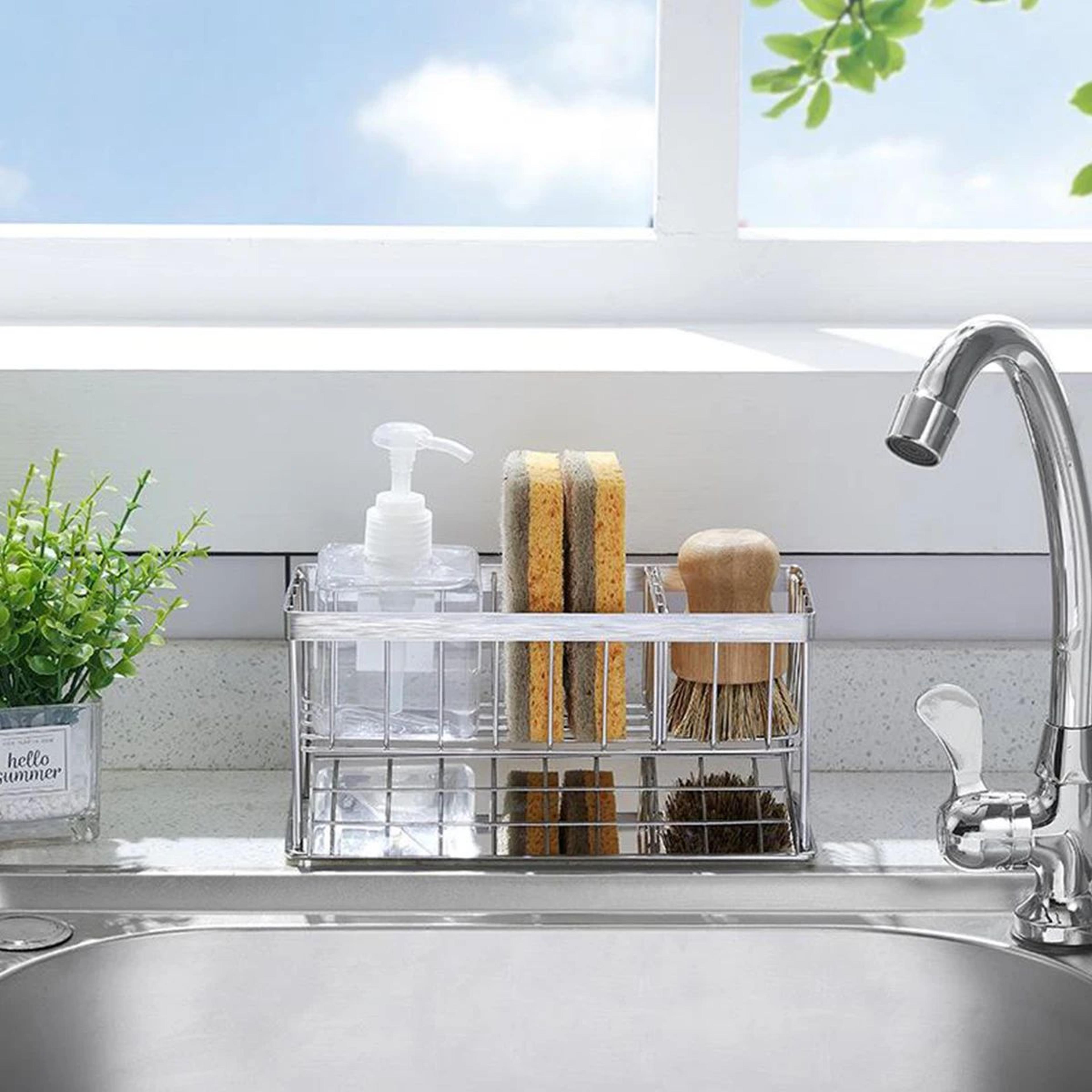 Premium 4in1 Stainless Steel Sink Caddy  Kitchen Sponge Holder  Soap Dispenser Brush Drainer Rack W 3