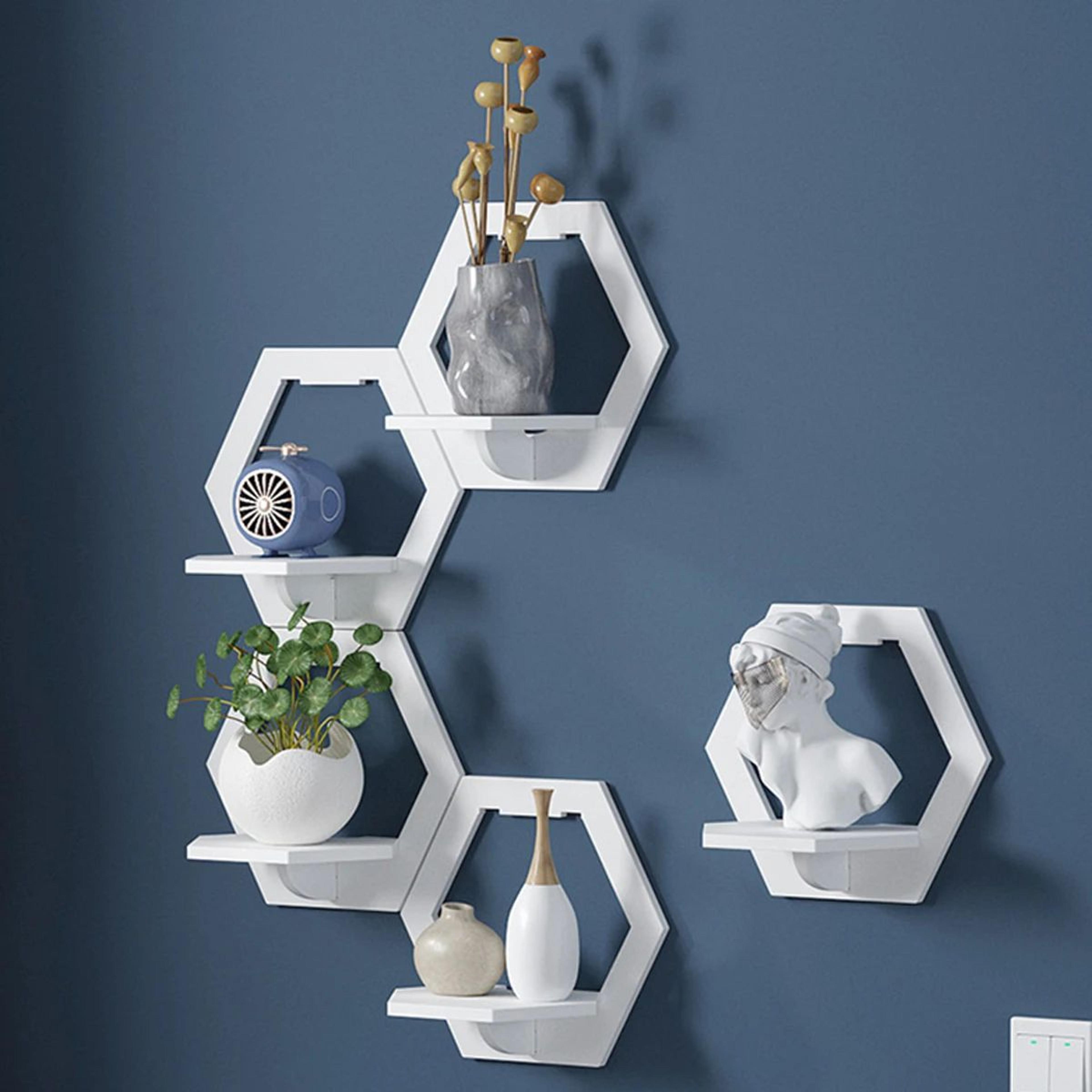 punch-free hexagon wall shelves set (3 or 6) wall mounted plant & decor display