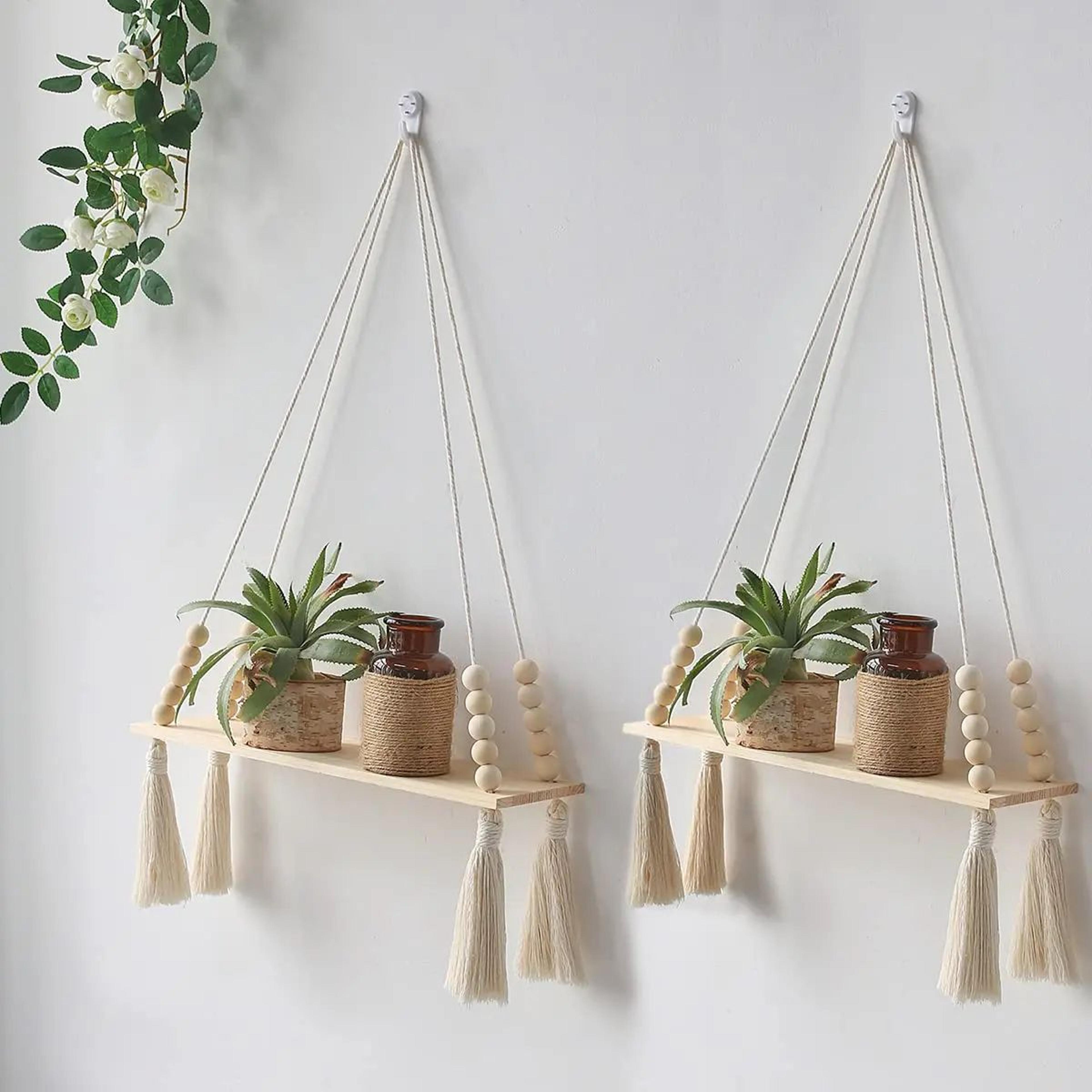 Boho Macrame Wall Hanging Shelf  Floating Wooden Decor Shelf For Bedroom  Living Room 0