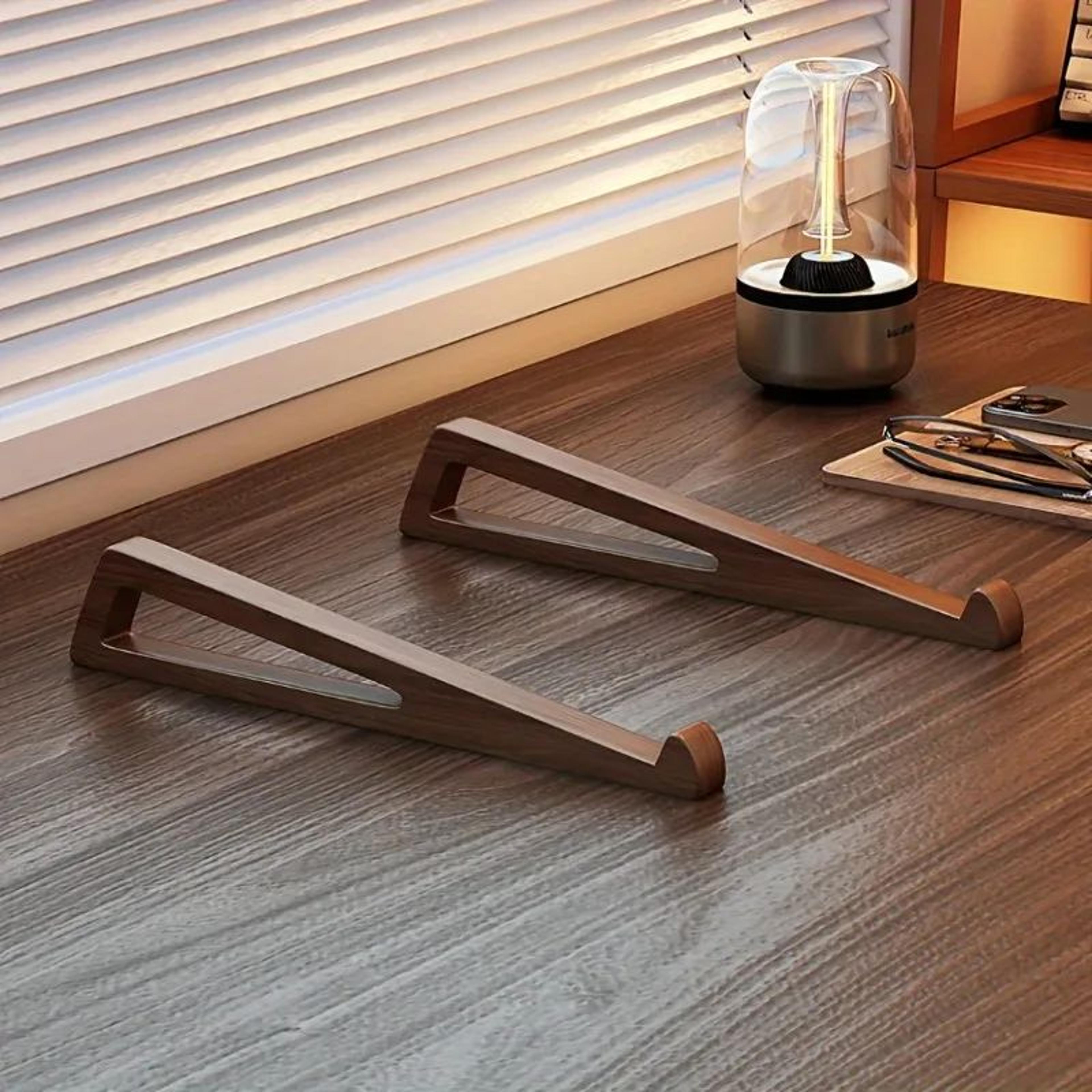 Portable Wooden Laptop Stand  Foldable Ergonomic Laptop Riser With 12 Angle  Ventilated Triangular  1