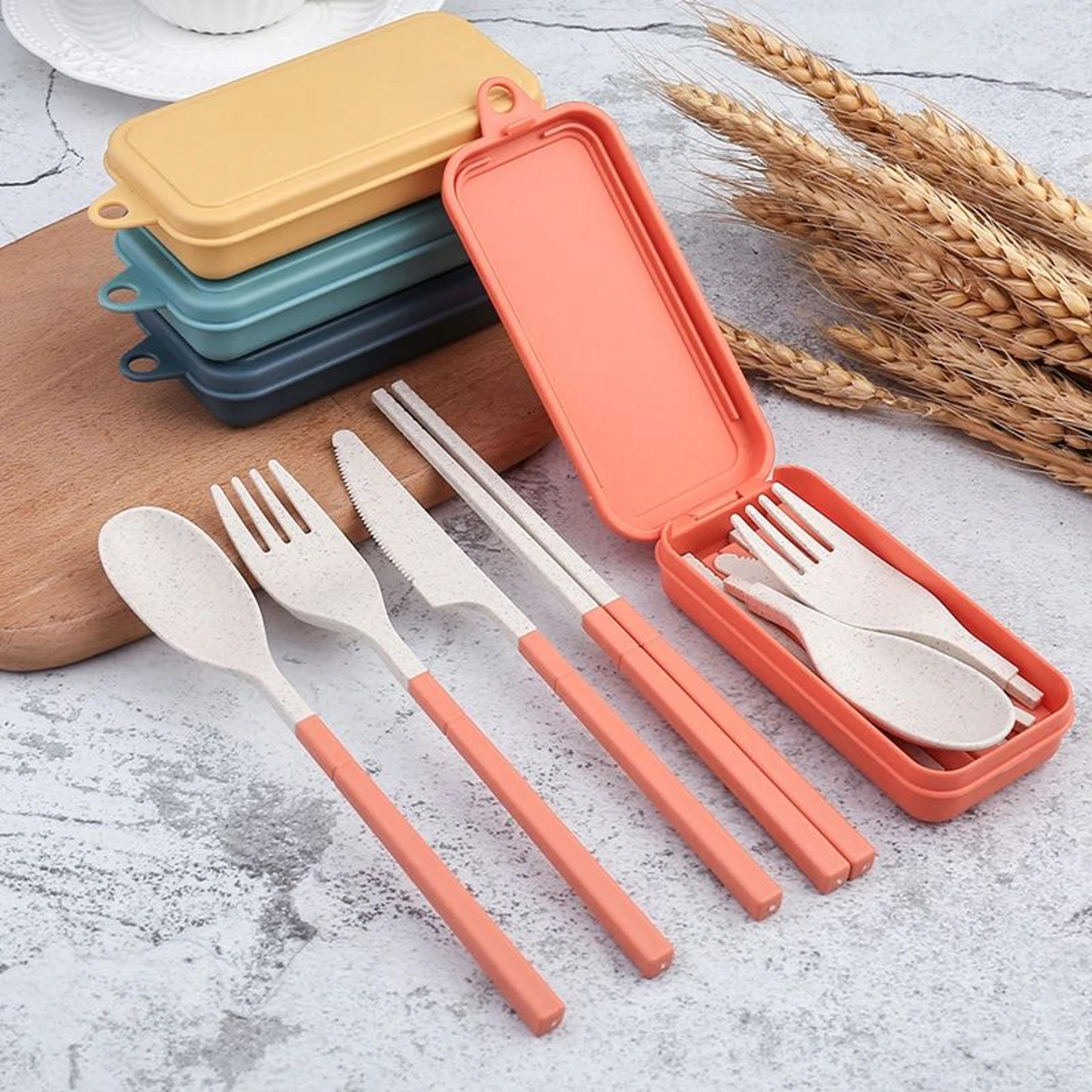 EcoLite 4Piece Portable Travel Cutlery Set  Sustainable EcoFriendly Wheat Straw Tableware With Case 5