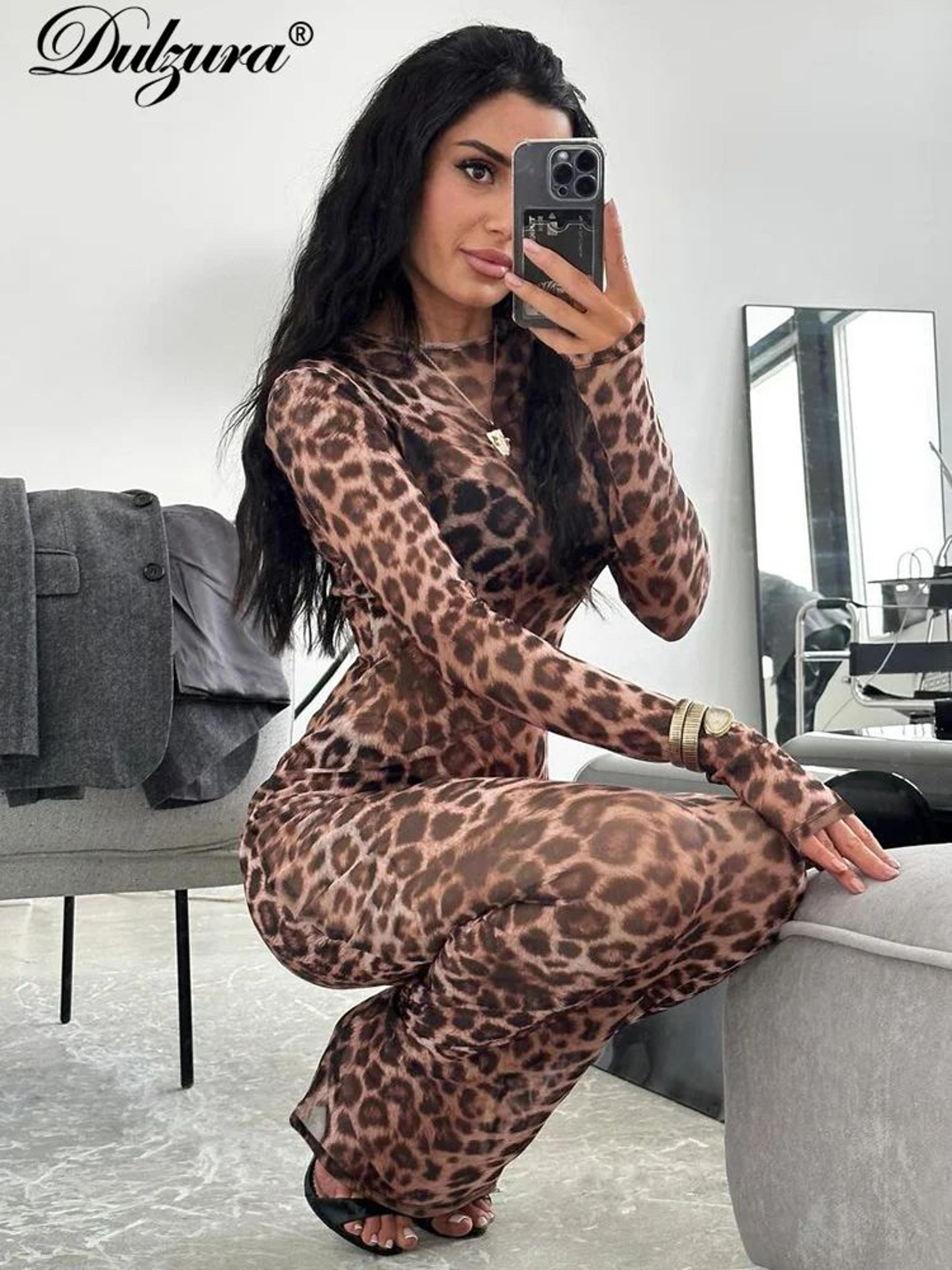 Leopard Print Long Sleeve Maxi Dress  Elegant Y2K Bodycon Party Dress For Women 2