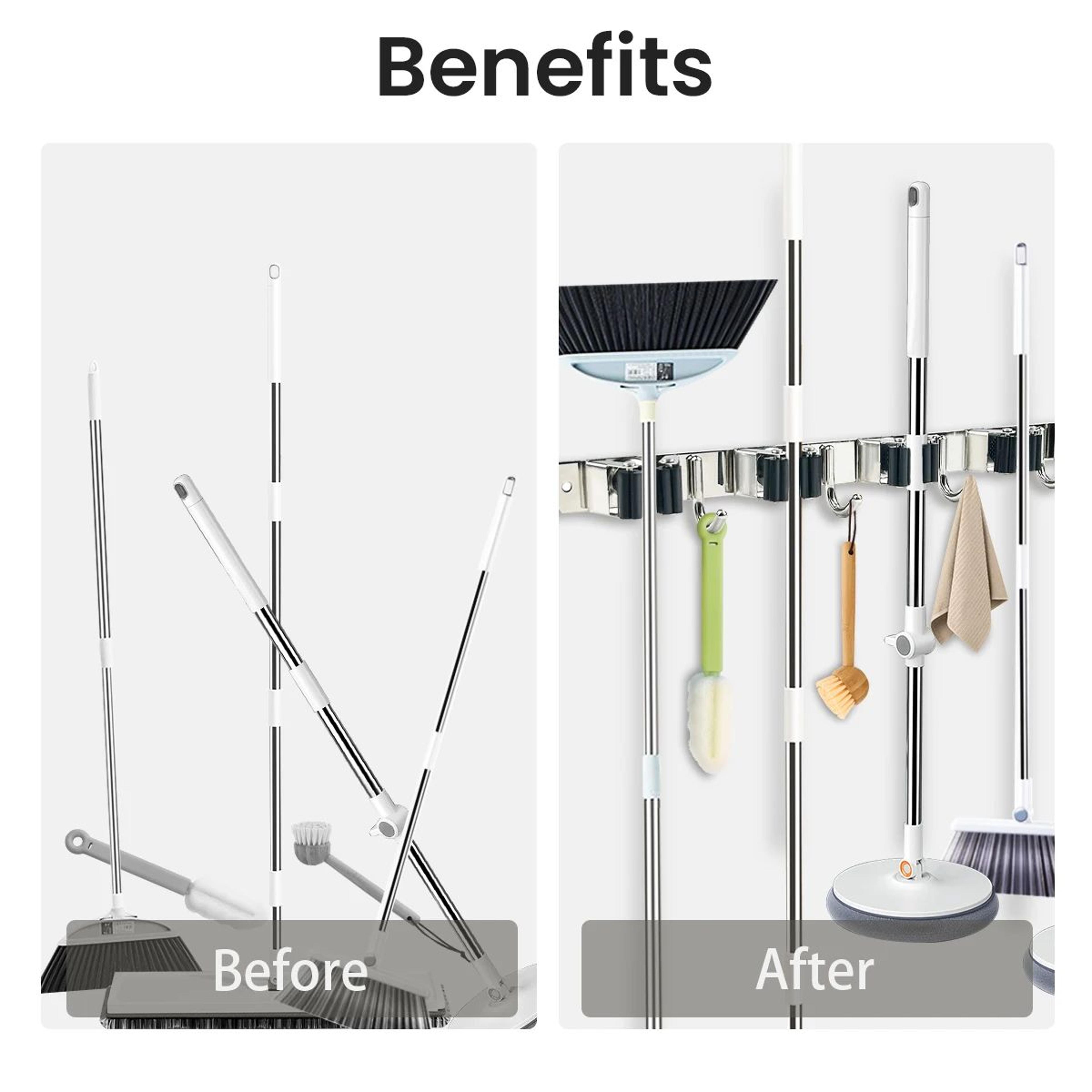 HeavyDuty Stainless Steel Broom Mop Organizer  Wall Mounted Broom Holder With 4 NonSlip Hooks 2