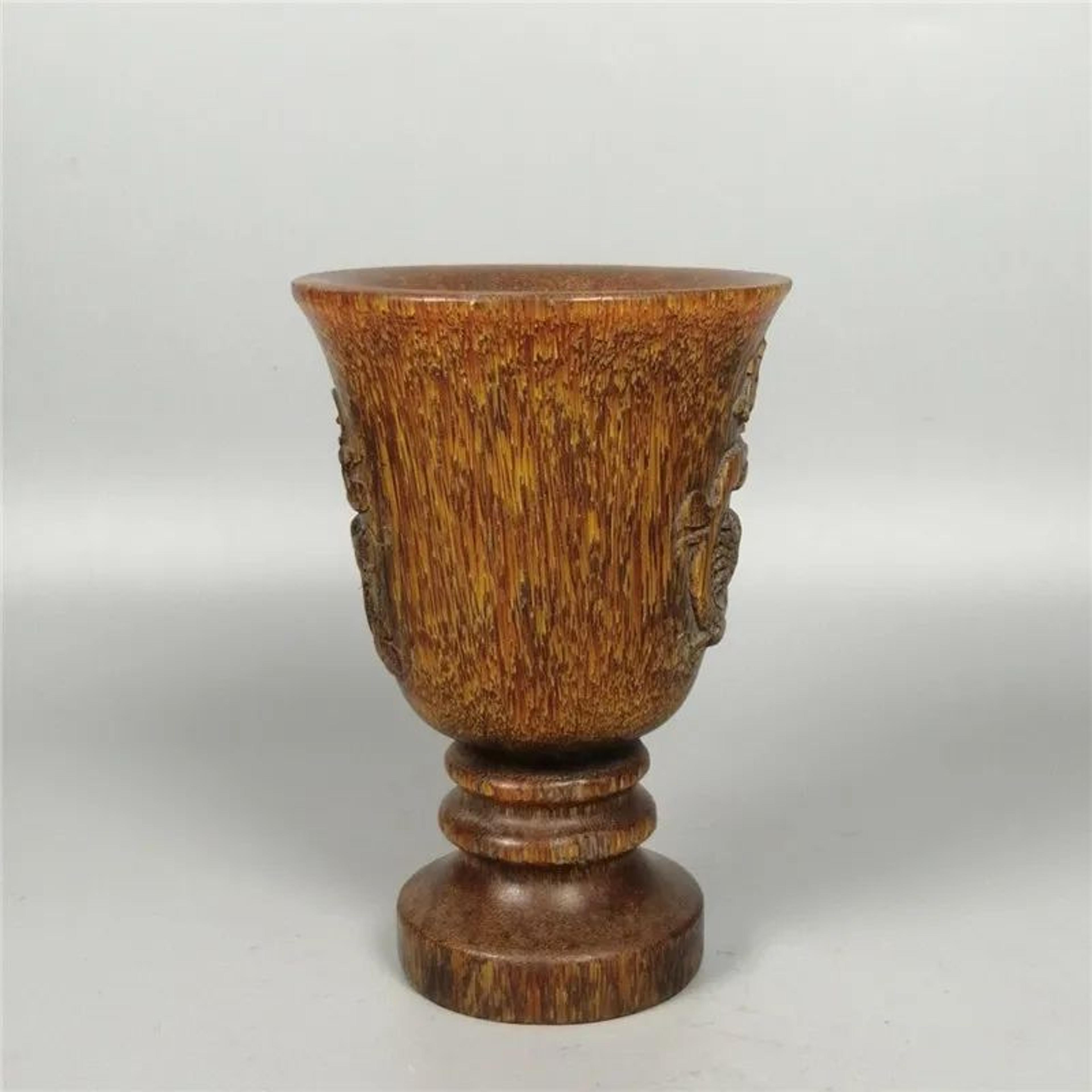 HandCarved Natural Chinese Antique Tea Cup Ornament  Traditional Wood Home Decor Collectible 2