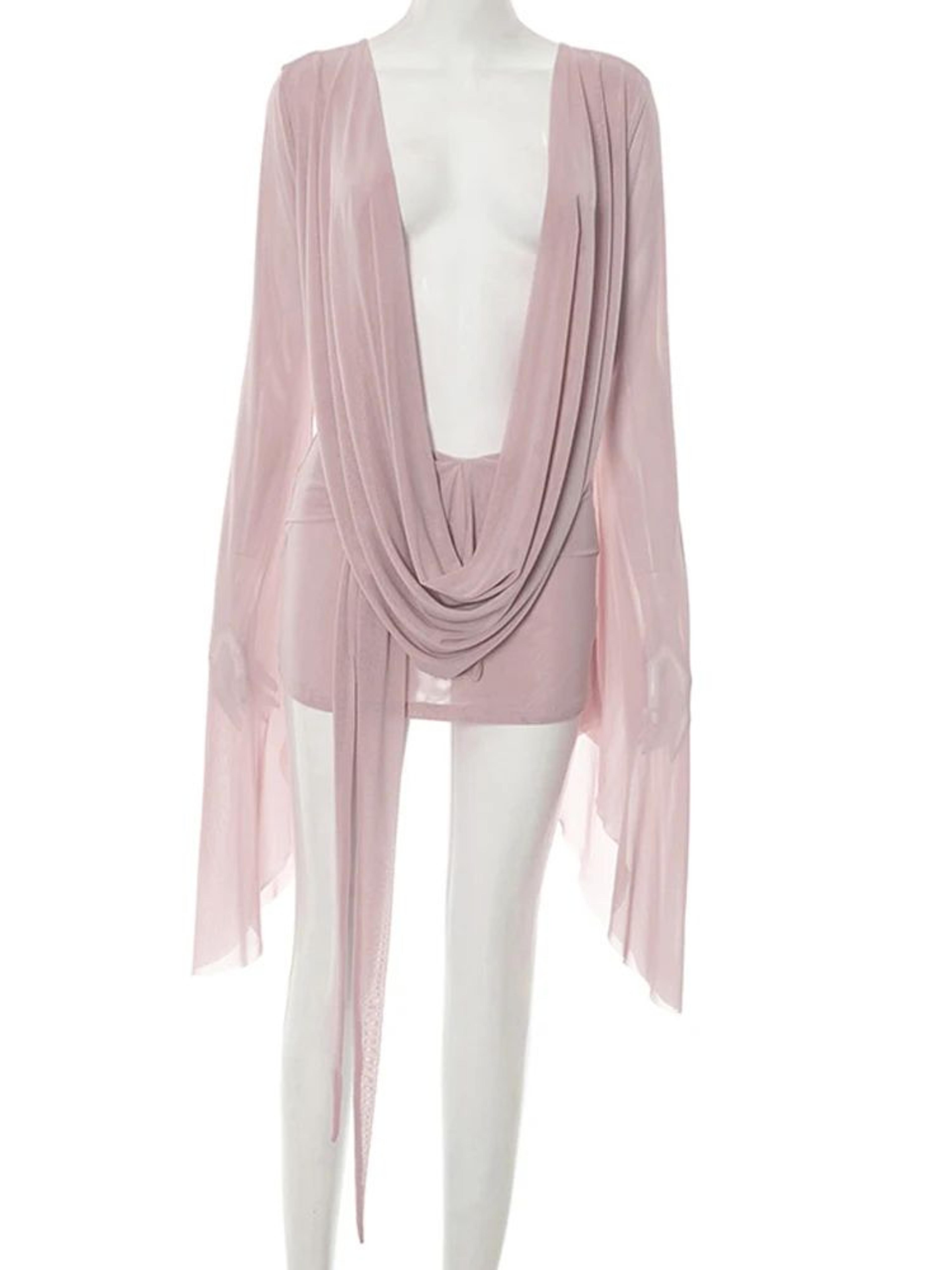 Blush Allure Ruched Sheer Mesh Mini Dress  Flare Sleeve VNeck Beach Cover Up  Night Out Dress 2