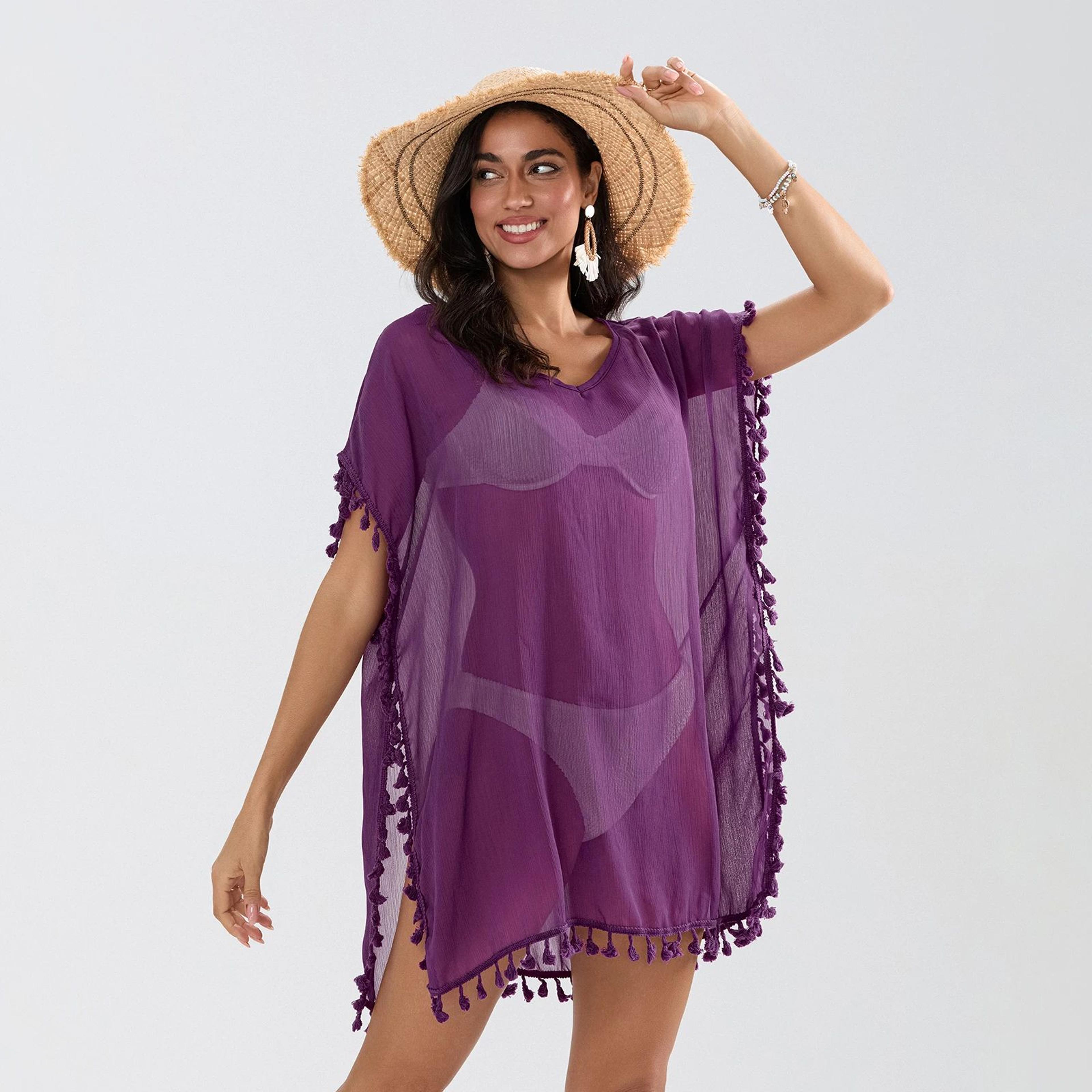 Coastal Breeze Tassel Trim Beach Cover Up Dress  Sheer Mini Swimsuit Cover Up For Women 7