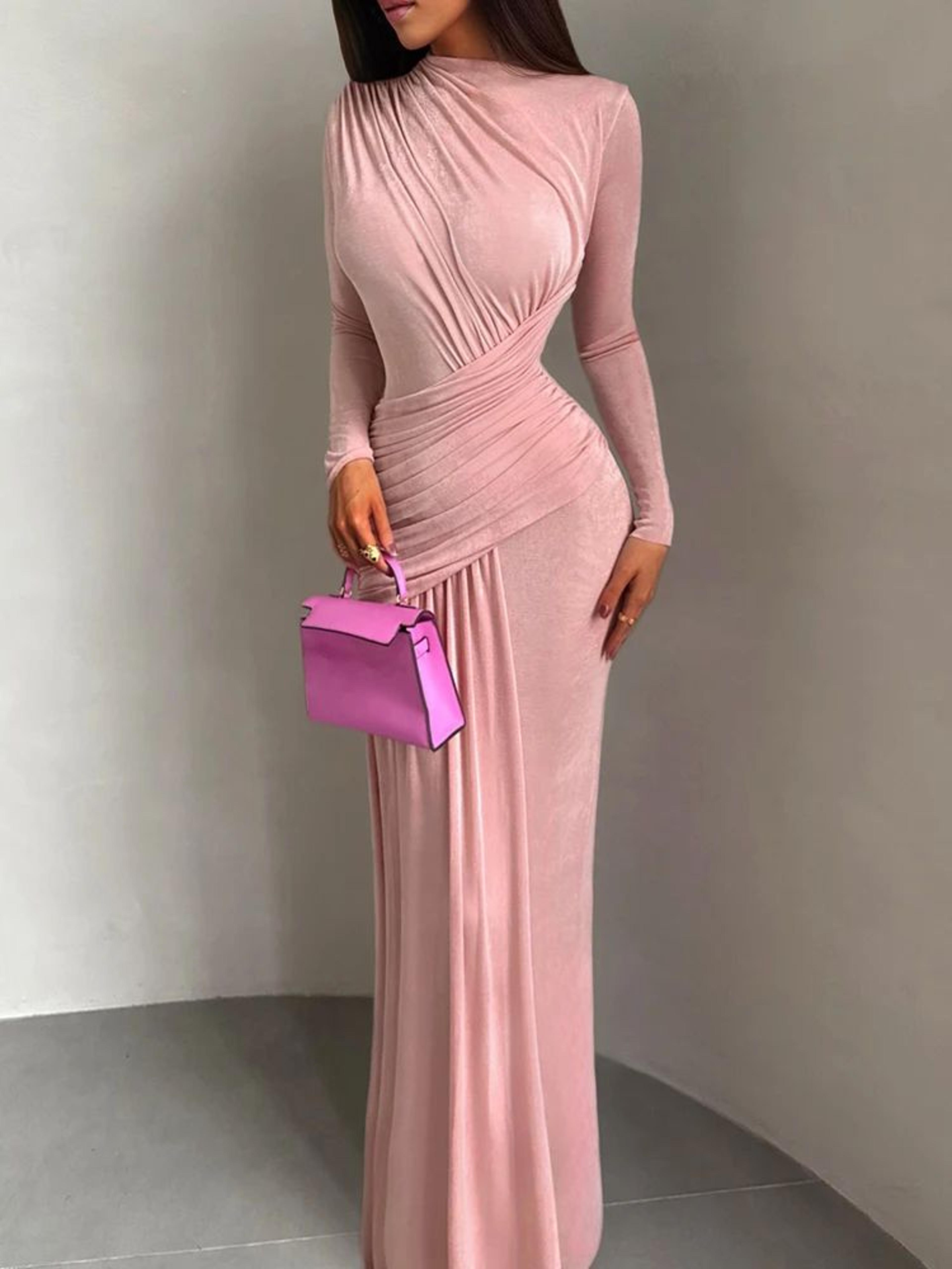 Elegant Pleated Waist Maxi Dress For Women  Long Sleeve Autumn Evening  Vacation Gown 2