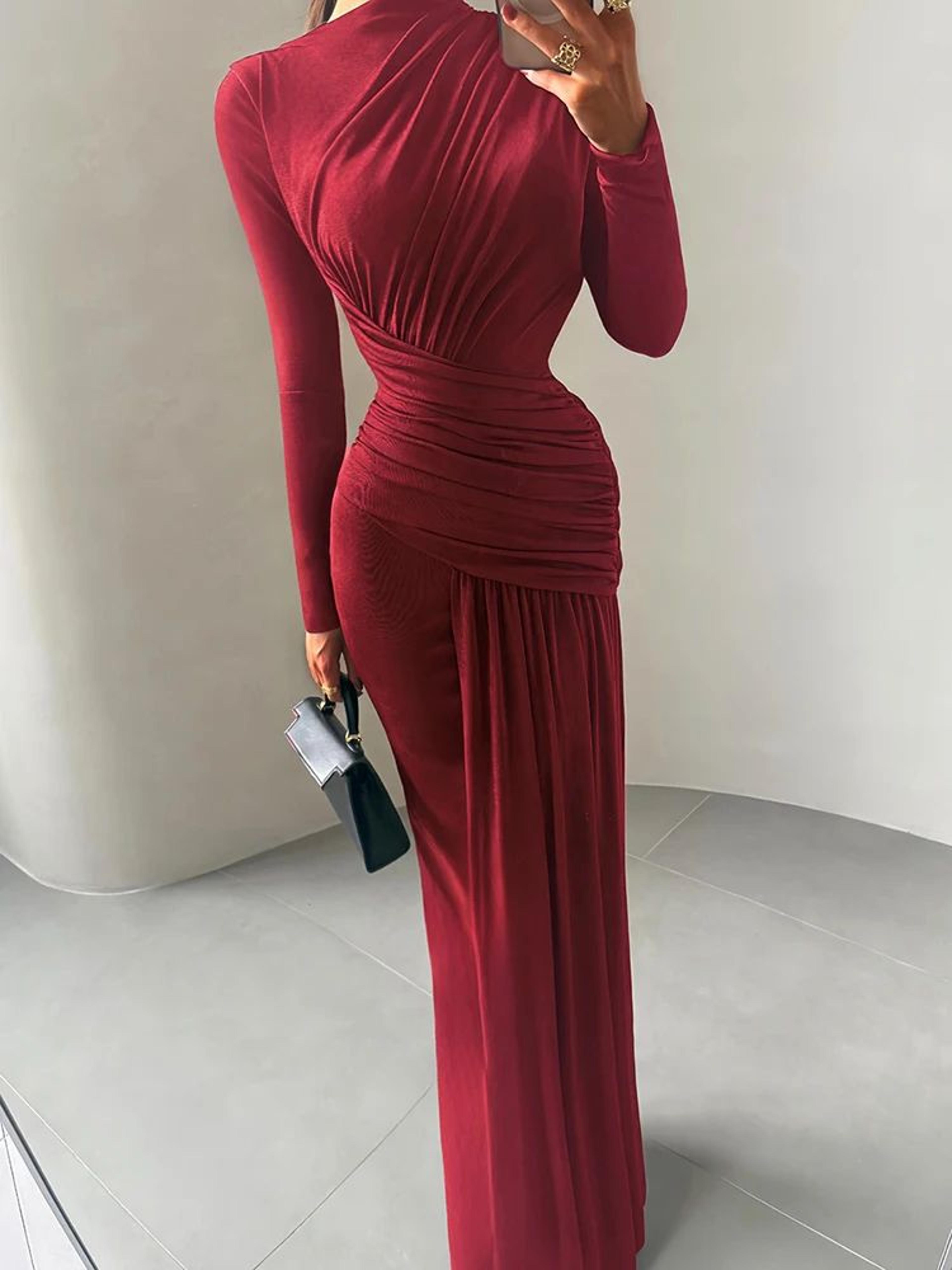 Elegant Pleated Waist Maxi Dress For Women  Long Sleeve Autumn Evening  Vacation Gown 3