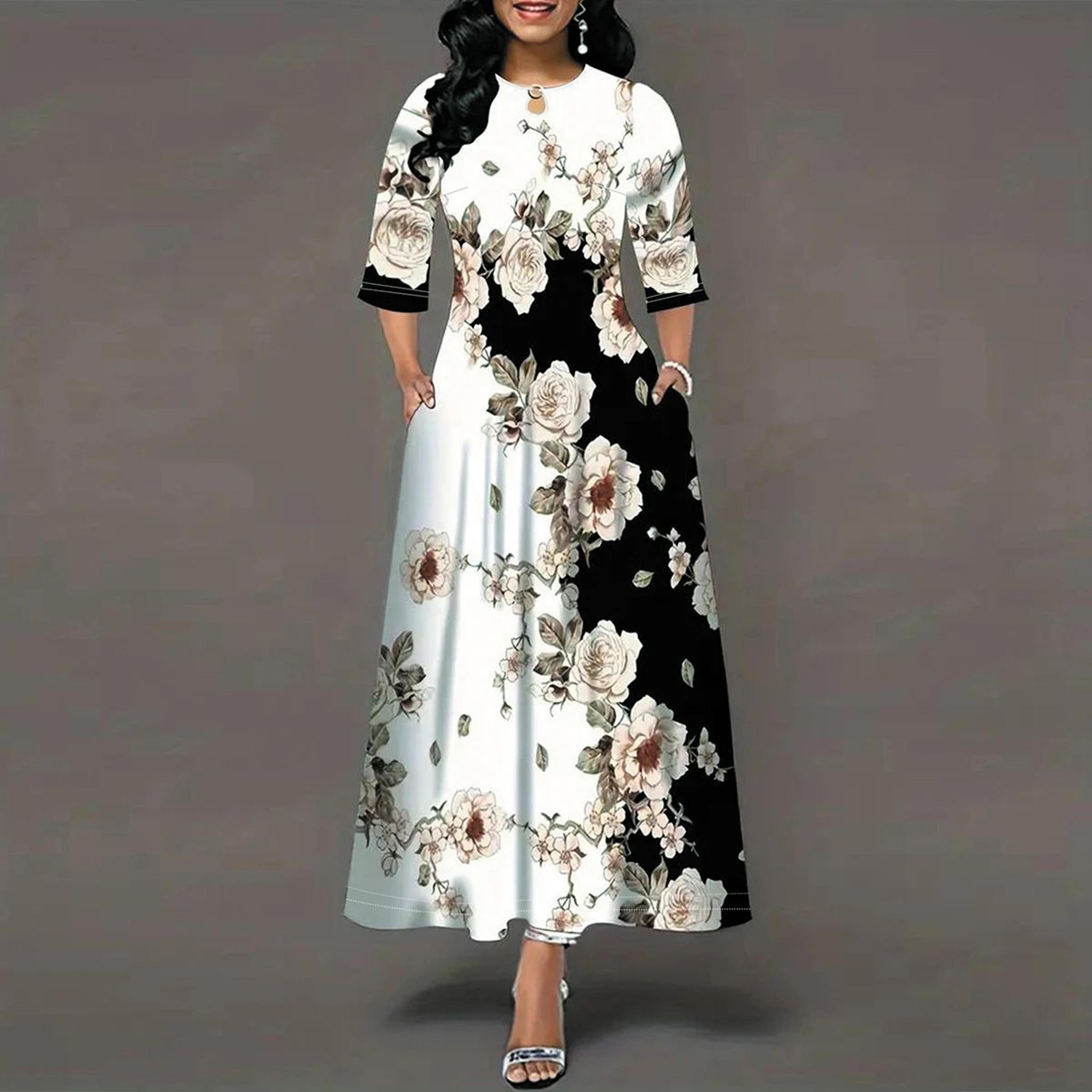 FlowEase Plus Size Printed Maxi Dress With Pockets 2