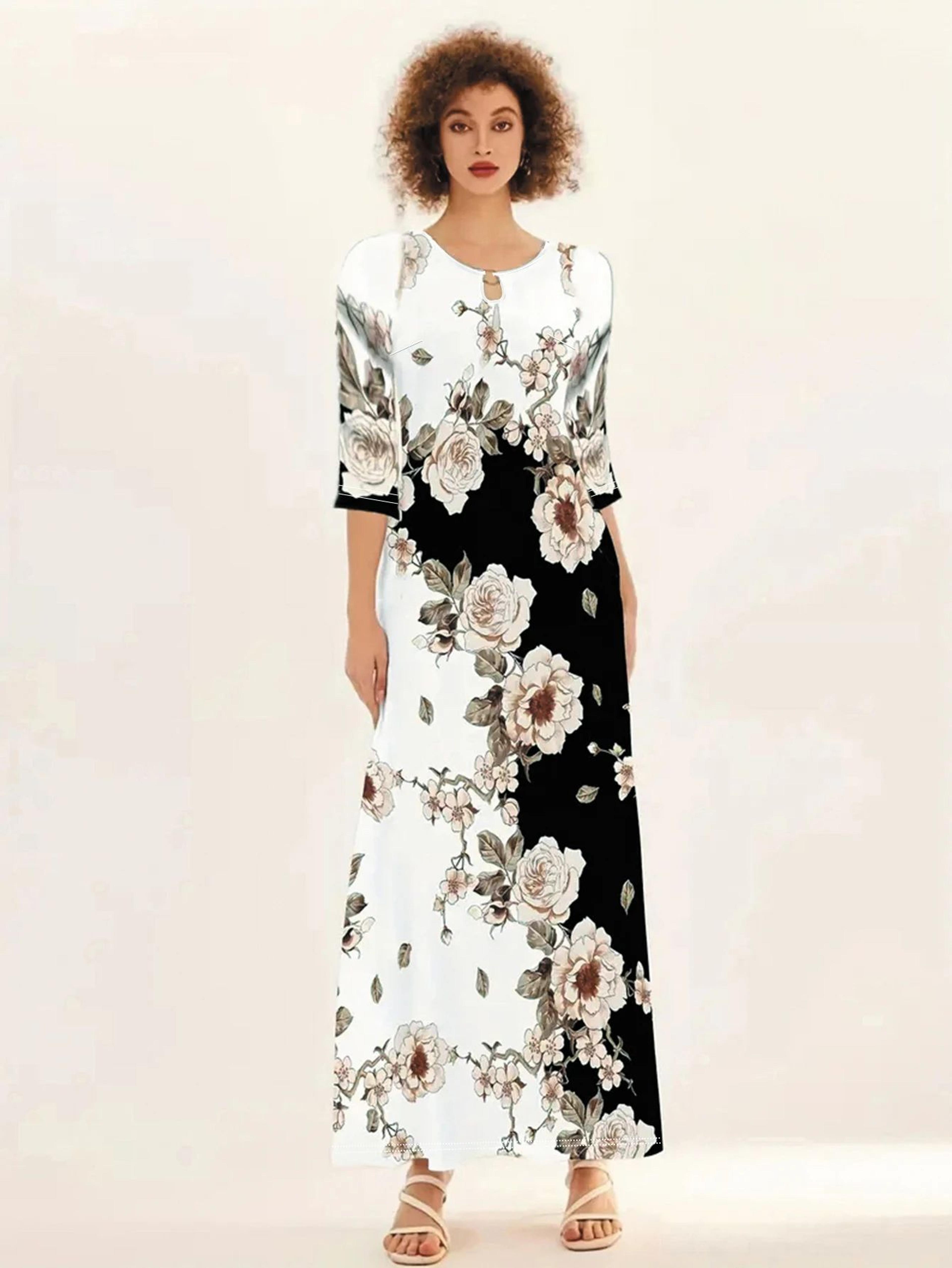FlowEase Plus Size Printed Maxi Dress With Pockets 3