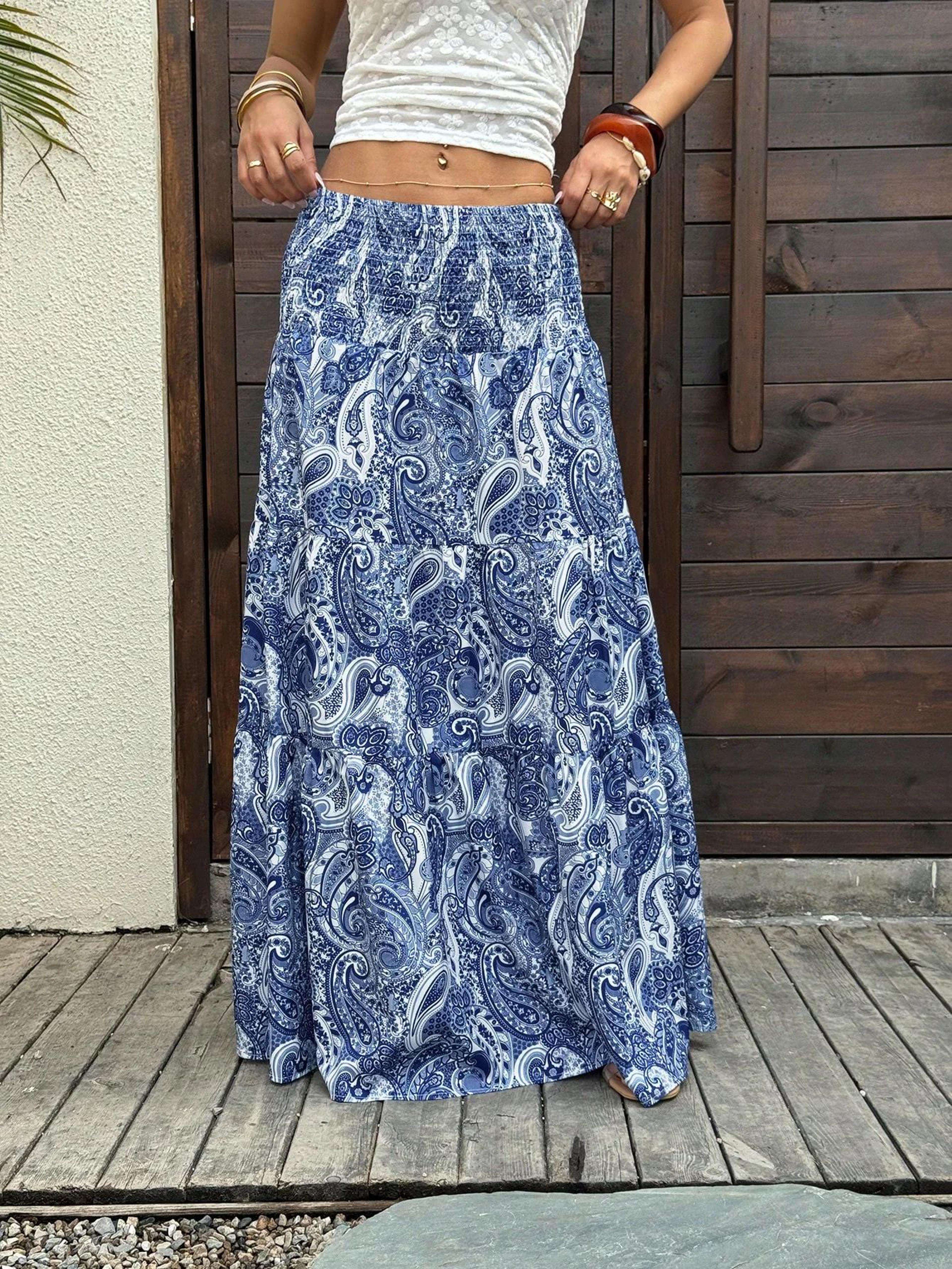 vacation breeze beach maxi skirt with stretchy elastic waist – long flowy summer vacation skirt