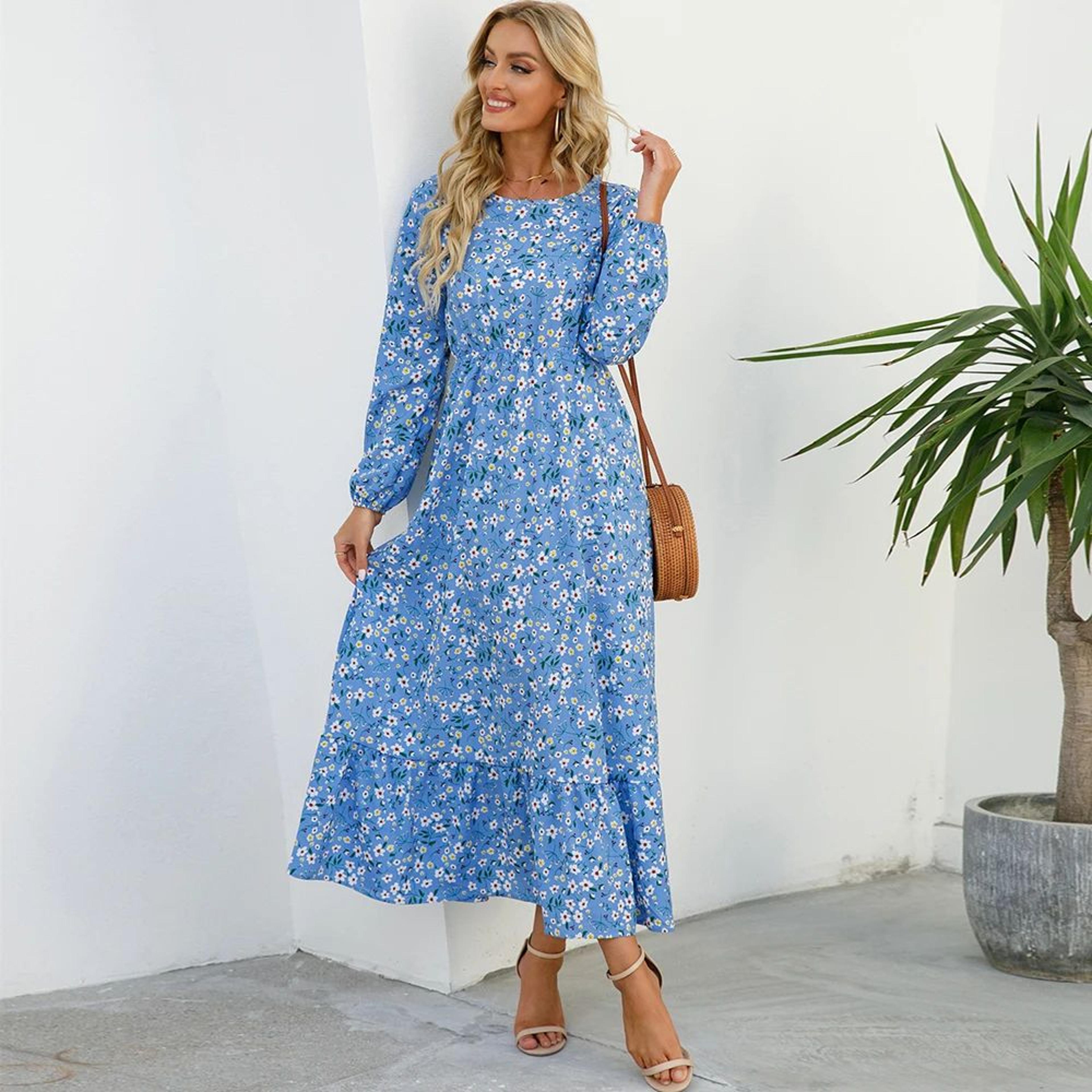 Bohemian Chic Boho Maxi Dress  Floral Chiffon Beach Dress With Long Sleeves  High Waist 9