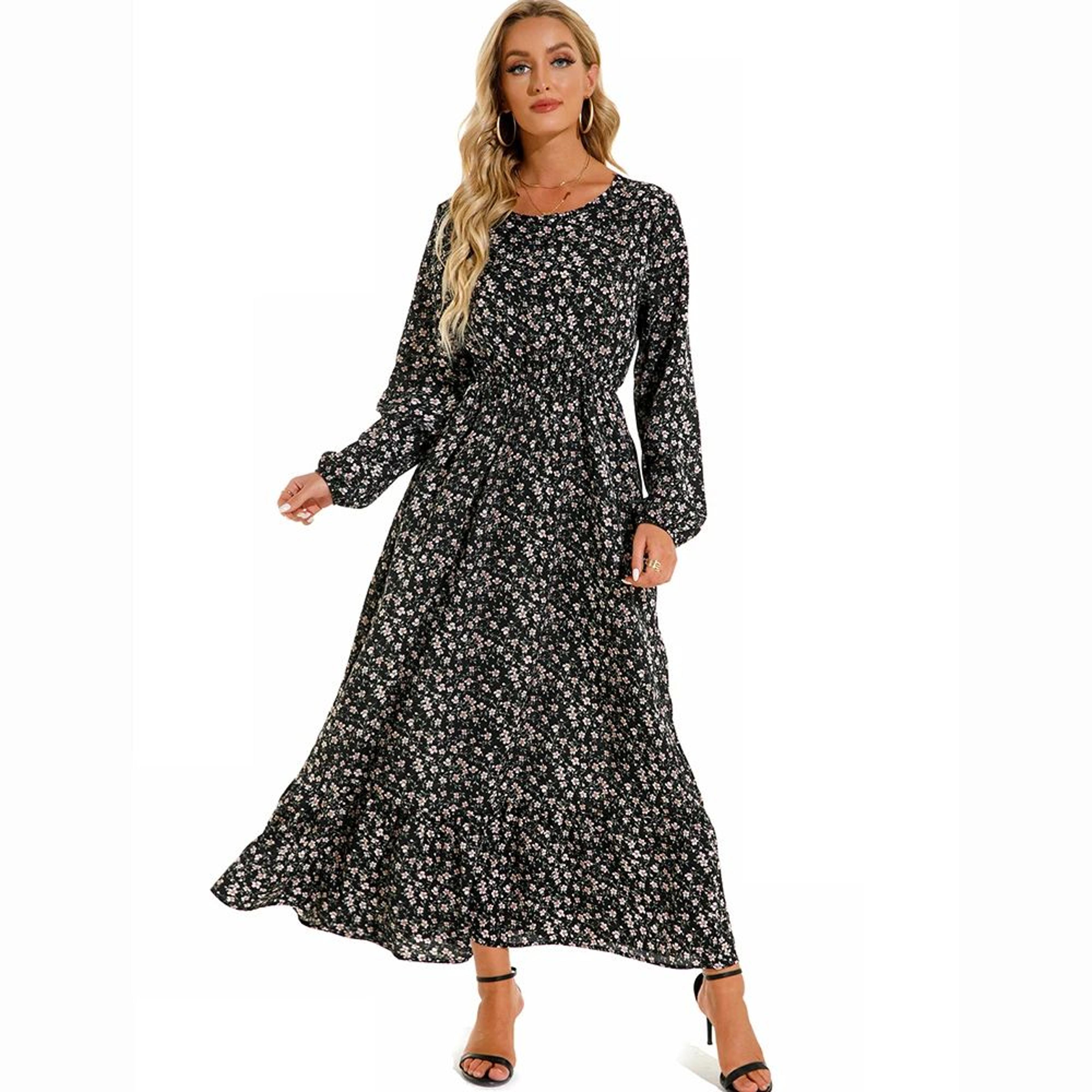 Bohemian Chic Boho Maxi Dress  Floral Chiffon Beach Dress With Long Sleeves  High Waist 5