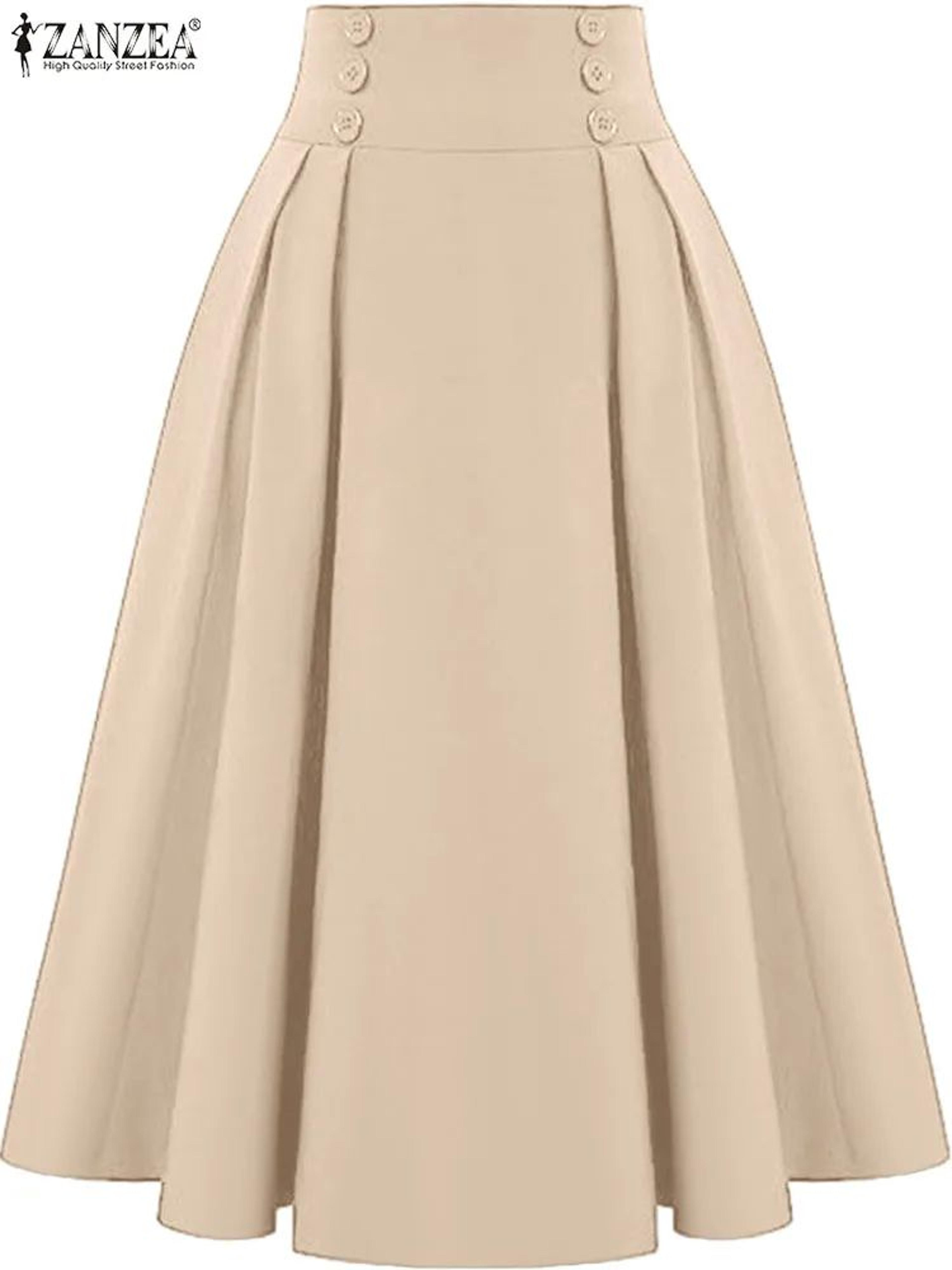 ZANZEA Vintage HighWaisted Pleated ALine Maxi Skirt  Elegant Solid Long Summer Skirt 1