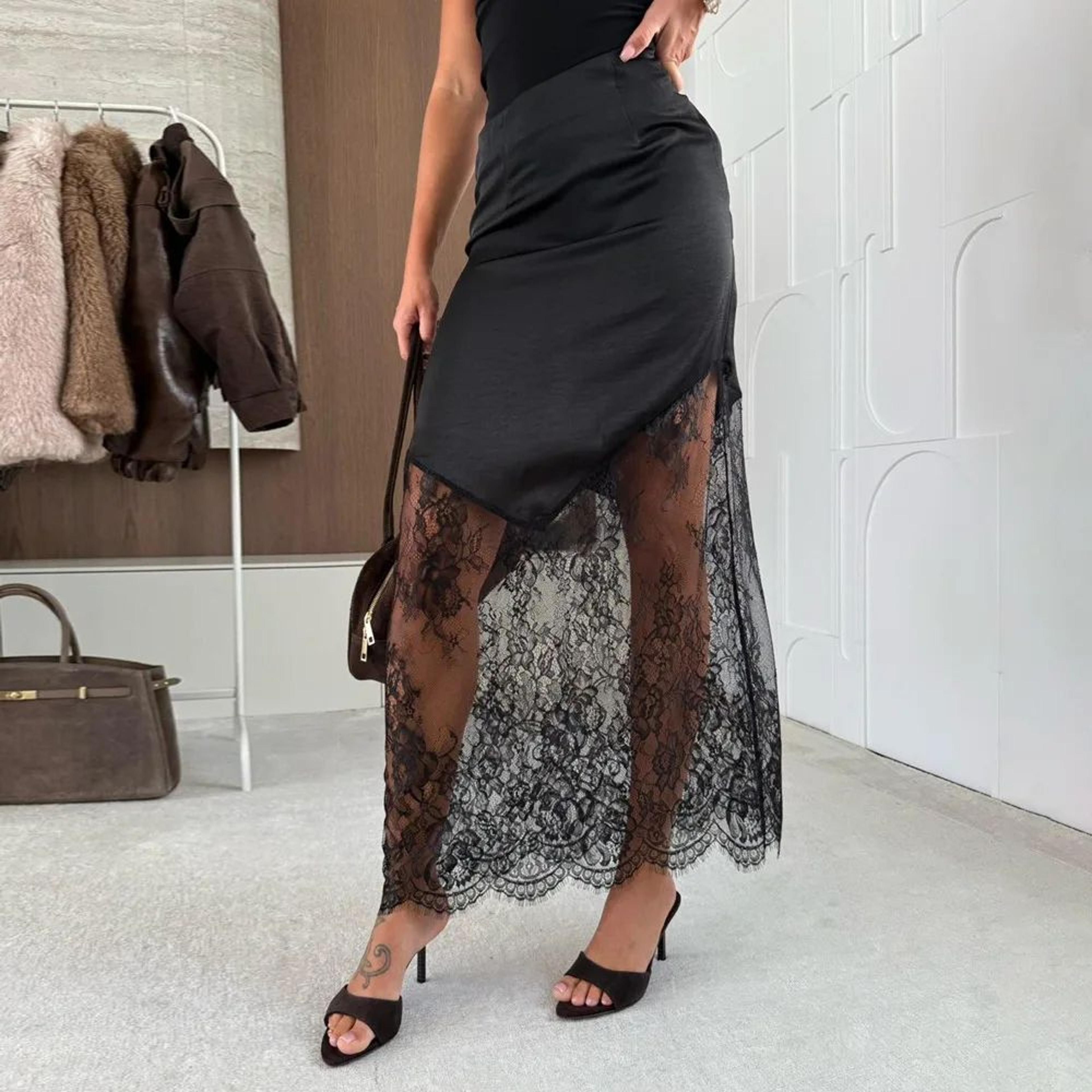 Elegant High Waist Lace Maxi Skirt  Boho Hollow Out Autumn Office Style 2