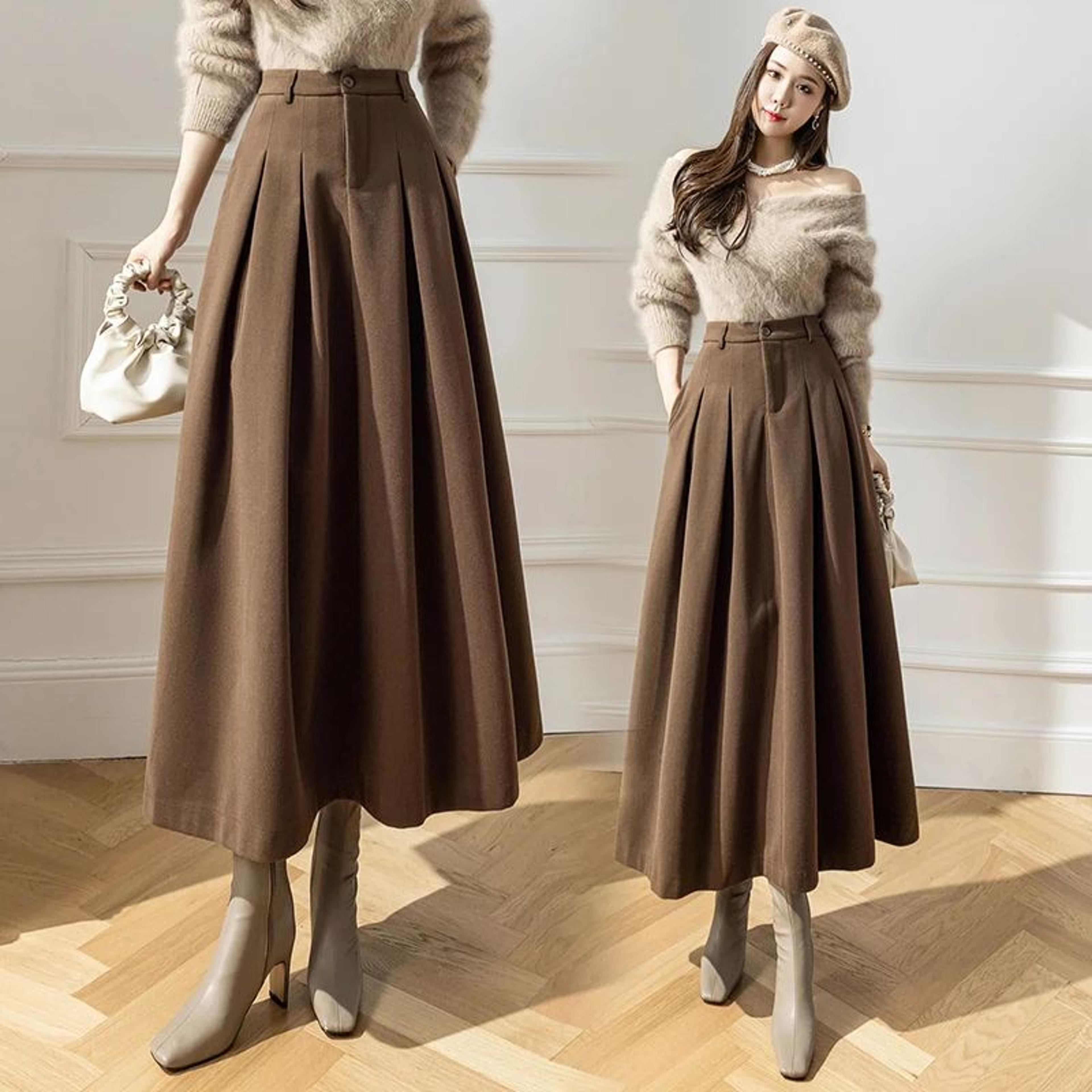 Elegant ALine Woolen Maxi Skirt  High Waist Pleated Long Winter Skirt For Women 3