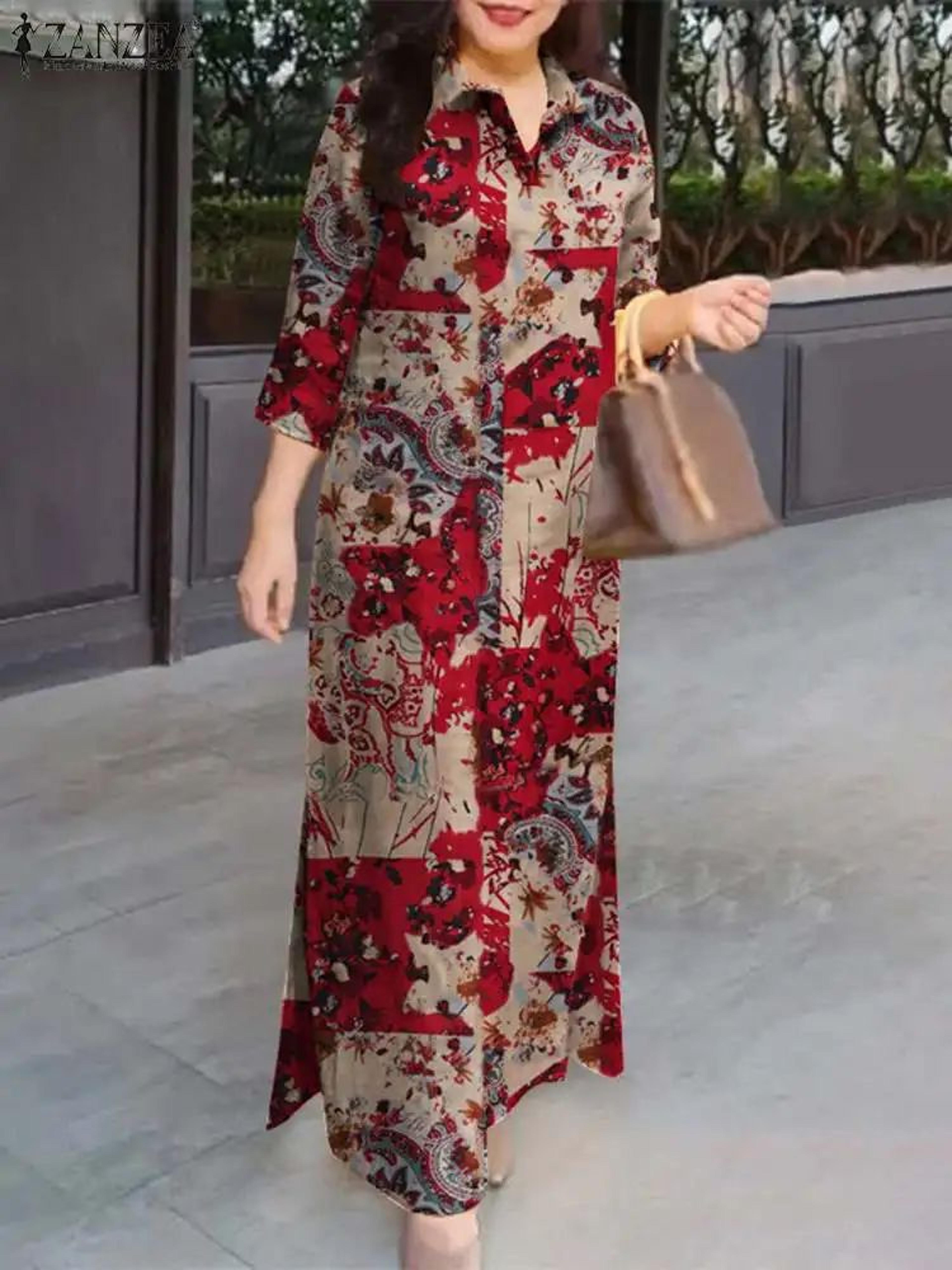 ZANZEA Vintage Floral Cotton Maxi Shirt Dress  Oversized Autumn Lapel Sundress 1